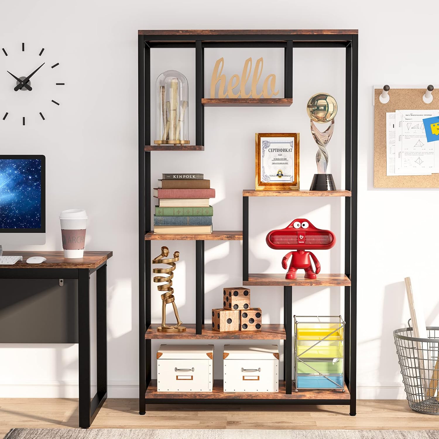 Bücherregal, große offene Regale mit 8 Holz-Effekt-Akzentböden