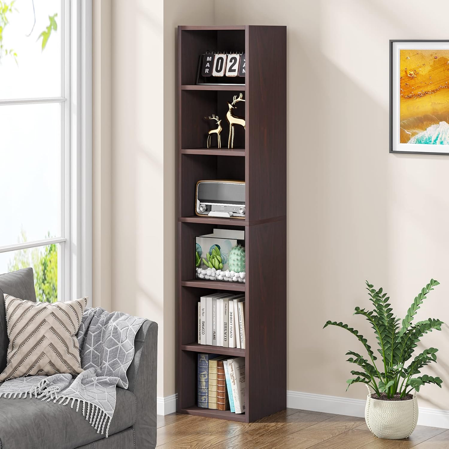 schmales Bücherregal, Eckbücherregal mit Stauraum, 6 Etagen