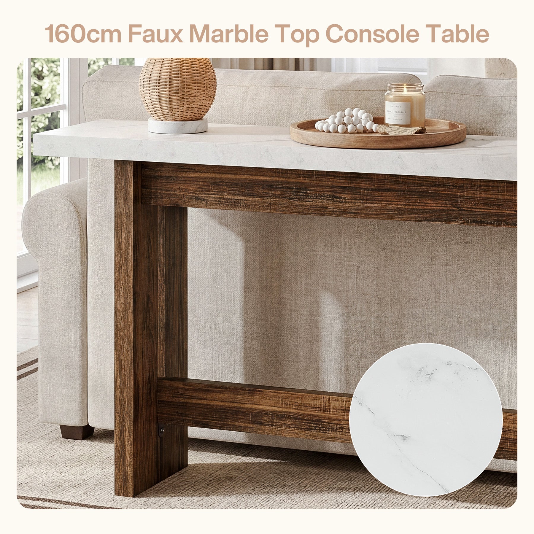 Tribesigns Konsolentisch Landhausstil, 160 cm Flurtisch mit Marmoroptik-Tischplatte