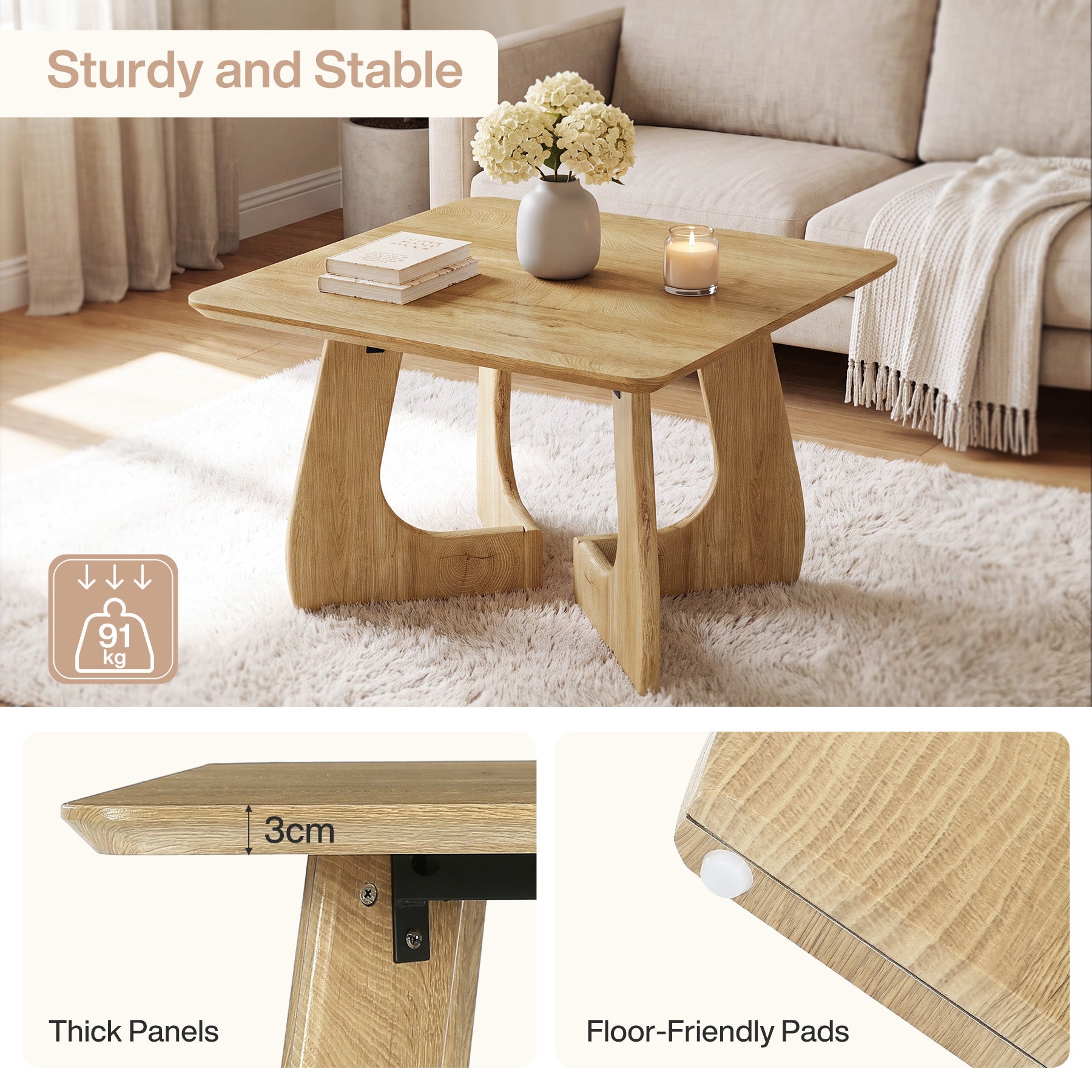Tribesigns Quadratischer Couchtisch 80 cm, Moderner Wohnzimmertisch mit skulpturalem Holzgestell
