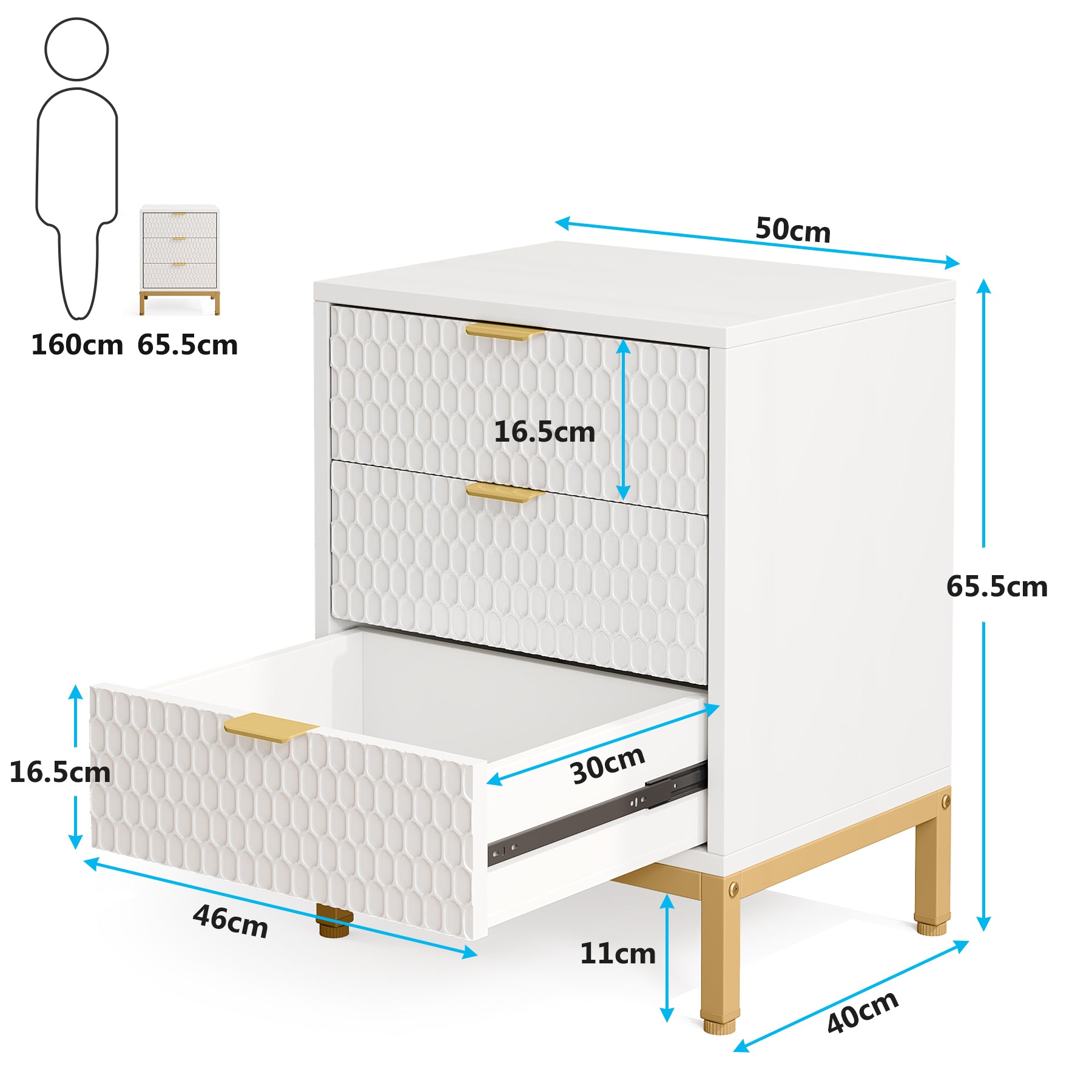moderner Nachttisch 65.5cm hoher Nachttisch mit 3 Schubladen