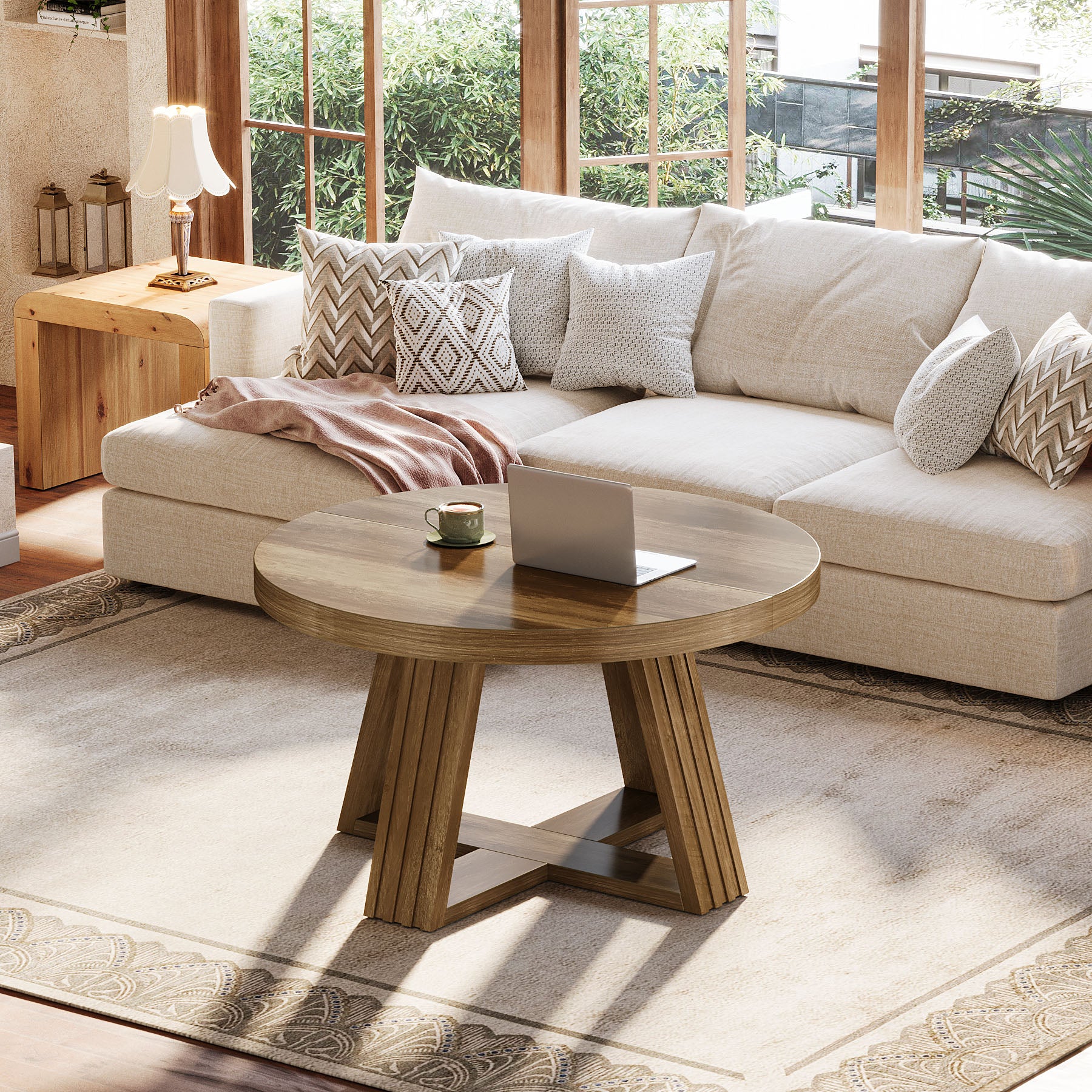Tribesigns Runder Couchtisch 80 cm im Landhausstil, Wohnzimmertisch mit Holzmaserung & Kreuzgestell