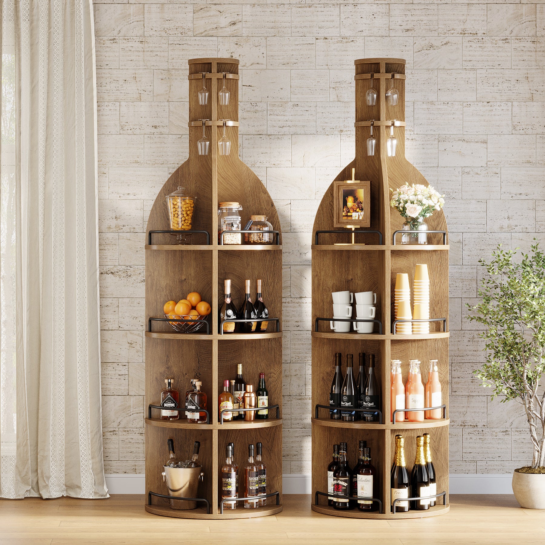 190 cm Hohes Weinregal mit Ablagen, Rundes Industrie-Weinregal mit Gläserhalter, Freistehender Barschrank