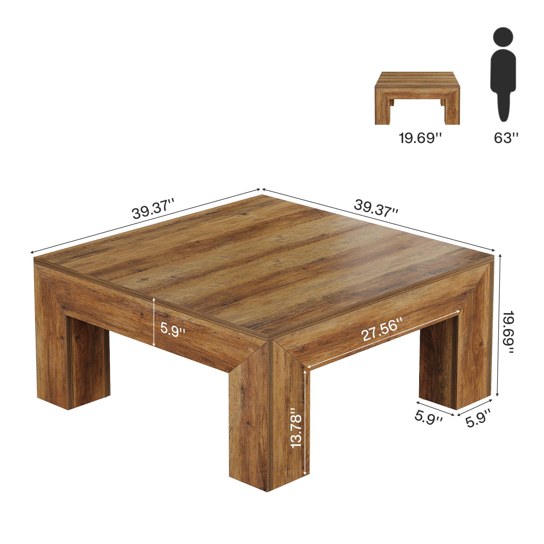 100 cm Quadratischer Couchtisch, Wohnzimmertisch aus Holz mit robusten Beinen für Sofa & Schlafzimmer