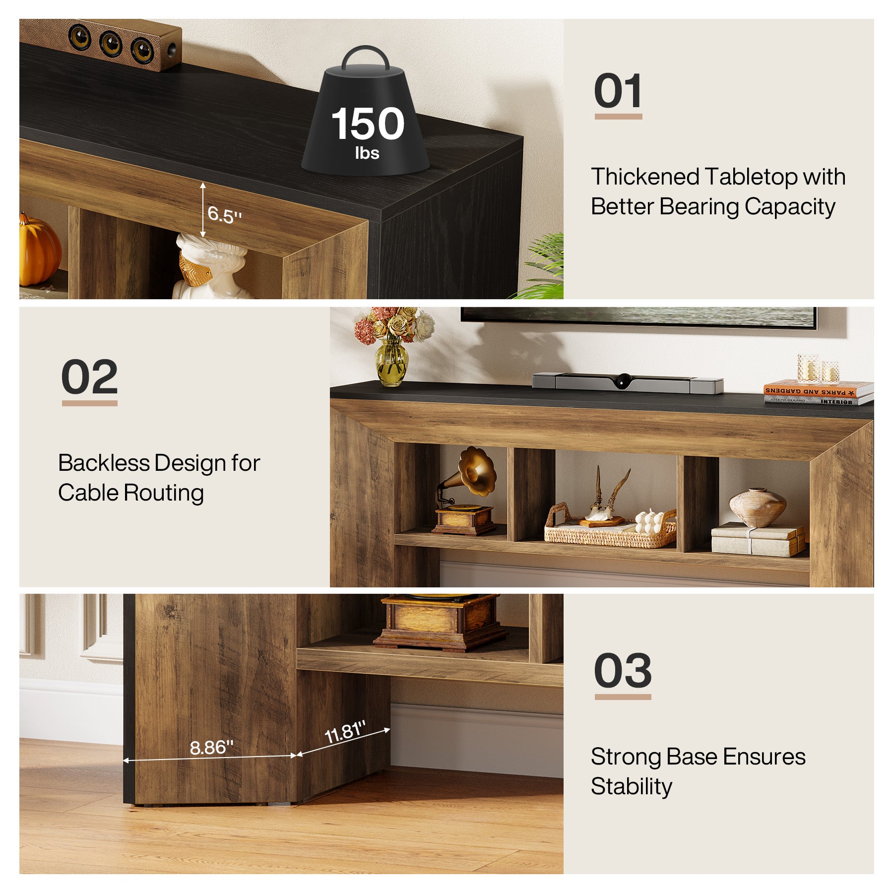 Tribesigns TV-Lowboard für bis zu 70 Zoll Fernseher, 160 cm Entertainment Center mit 3 Fächern