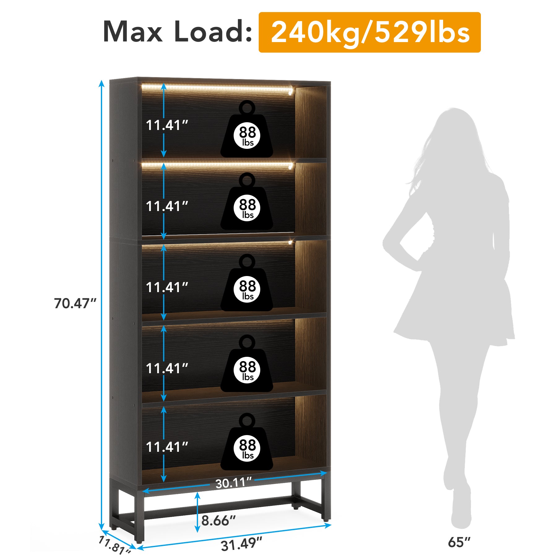 Tribesigns Bücherregal mit LED Beleuchtung, 180 cm Hohes Schwarzes Standregal mit 5 Ebenen