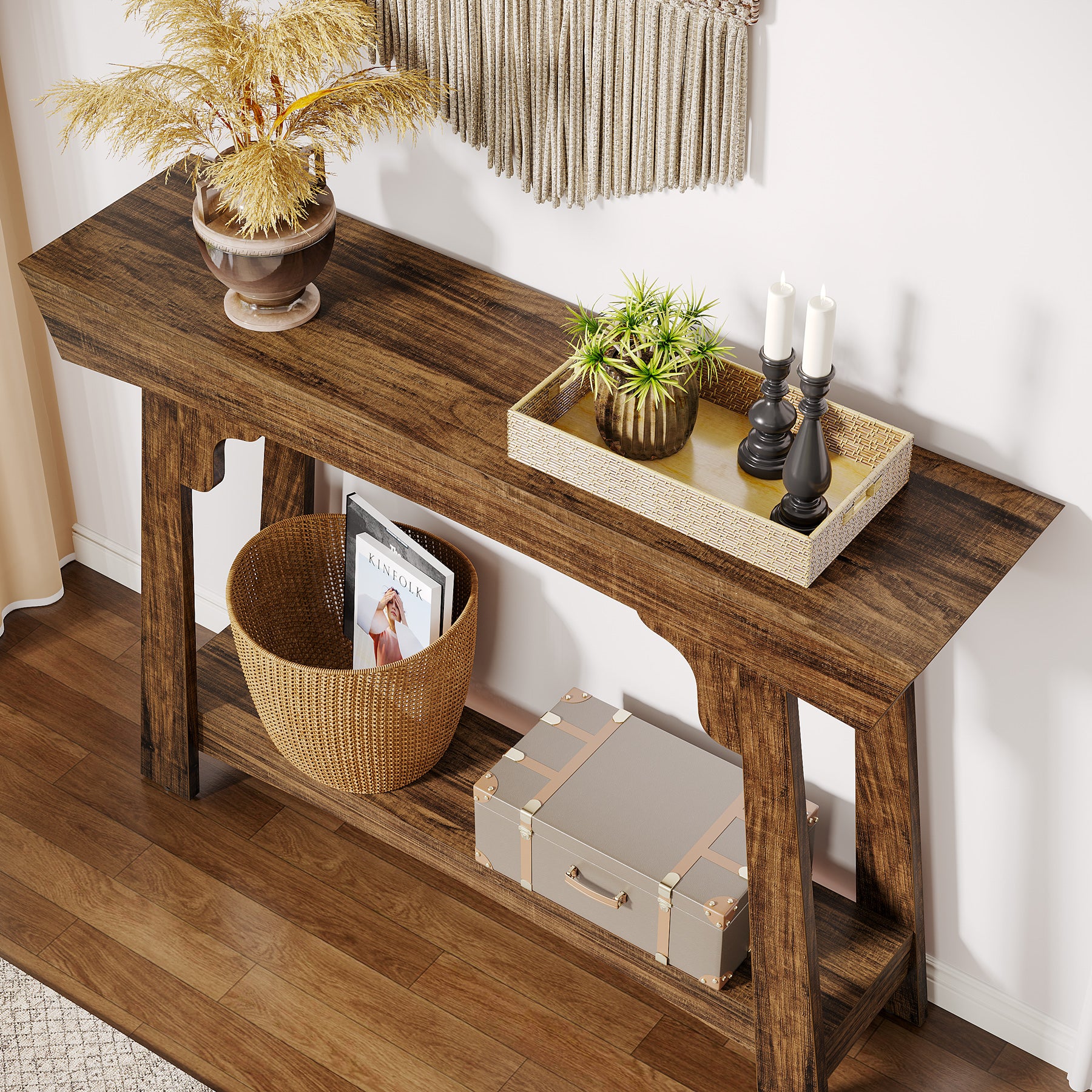 105cm Konsolentisch, 2-stöckiger Sofatisch im Landhausstil, Eingangstisch mit Ablagefach