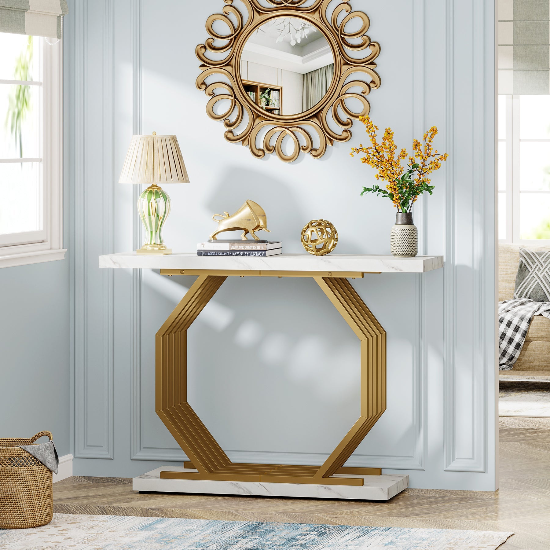 Console Table, 40" Faux Marble Sofa Table with Geometric Metal Base Tribesigns