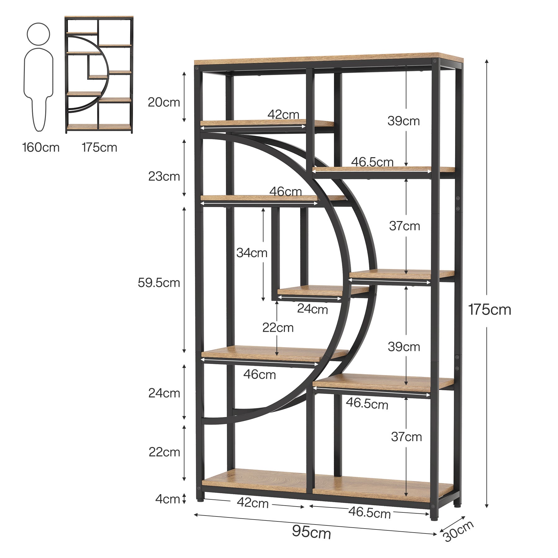 Freistehendes Bücherregal, 175 cm Etagere-Bücherregal mit 9 offenen Regalen