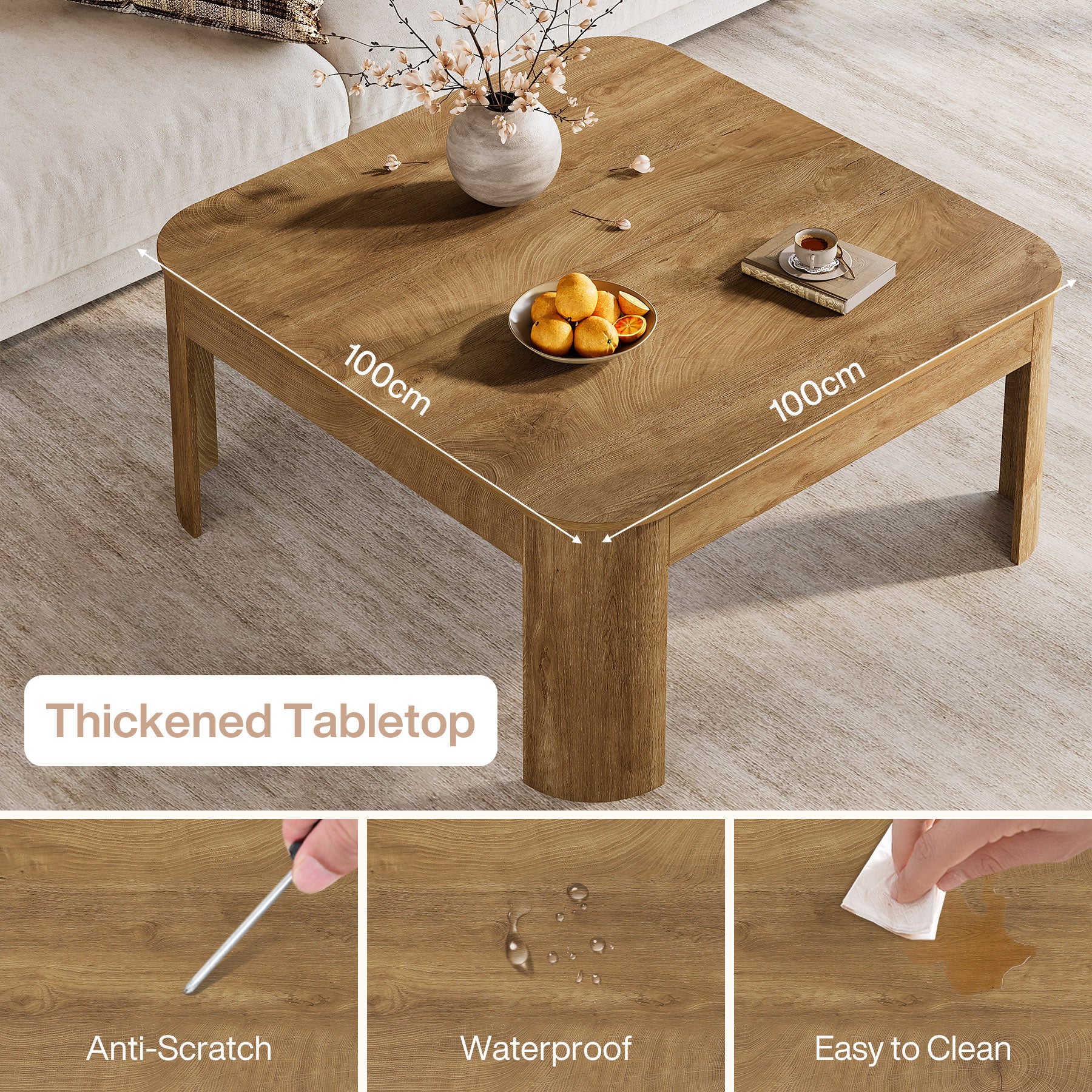 Quadratischer Couchtisch 100 cm im Landhausstil, Wohnzimmertisch mit stabilen geschwungenen Beinen