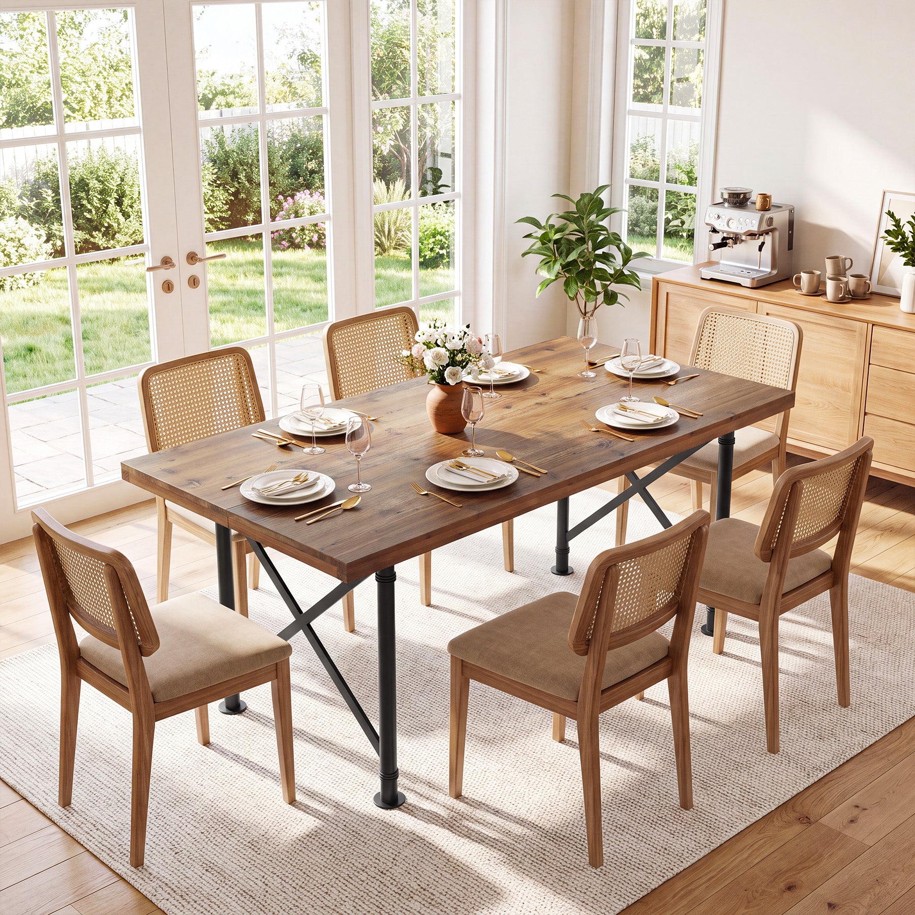 Massivholz Esstisch 160 × 80 cm für 4–6 Personen, Rechteckiger Küchentisch mit X-Metallgestell