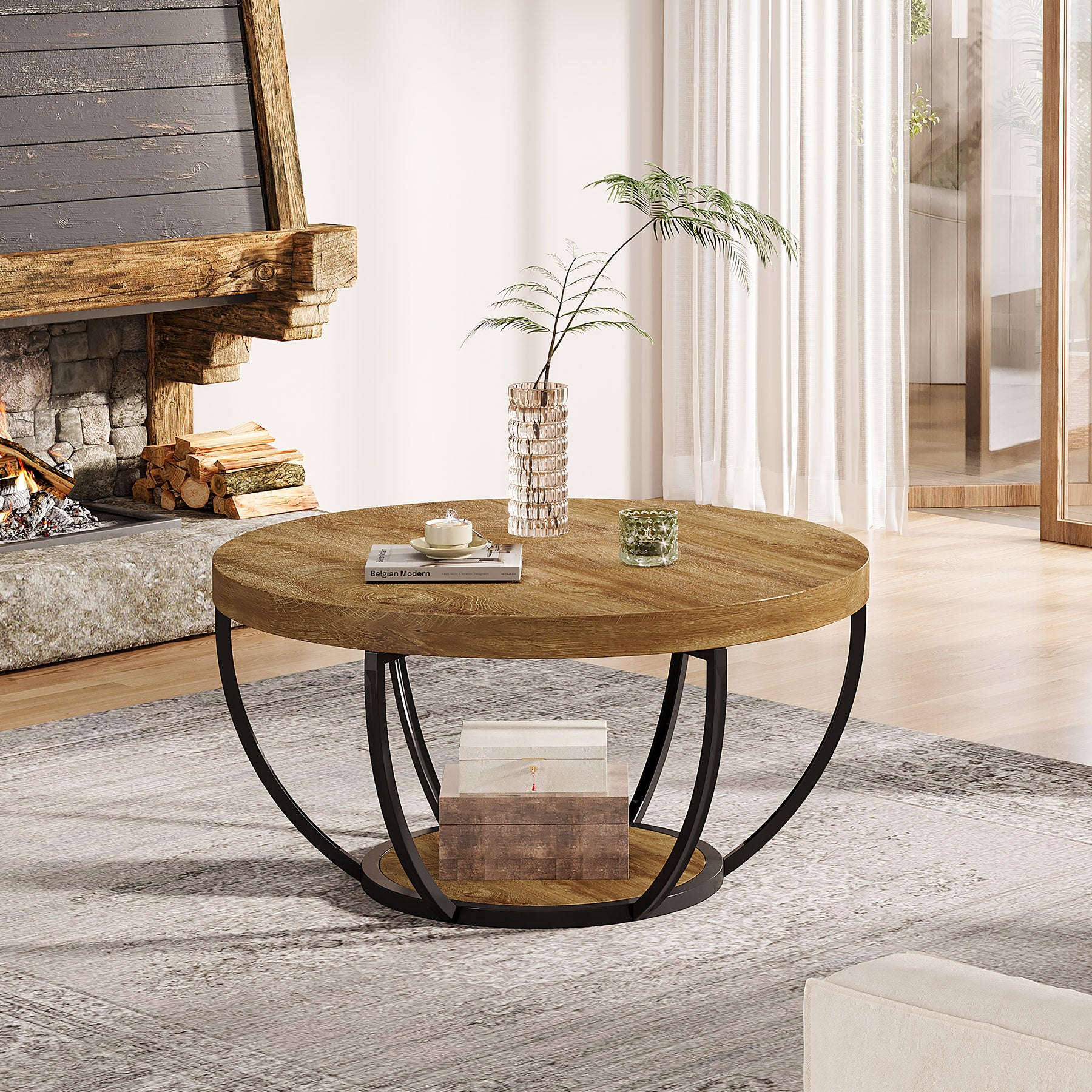 Runder Couchtisch 80 cm mit 2 Ablagen, Industrial Wohnzimmertisch, Moderner Sofatisch mit Stauraum