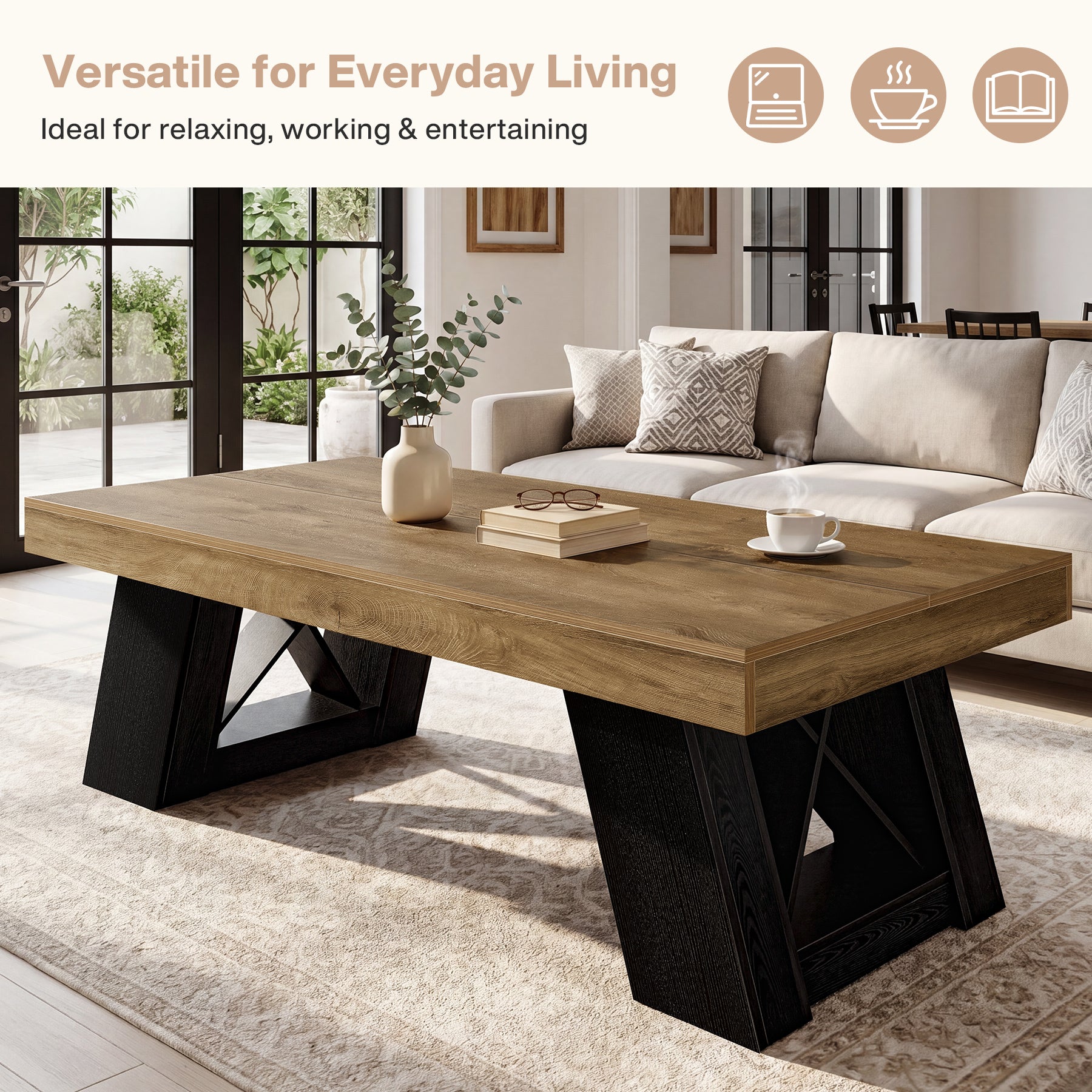 Tribesigns Couchtisch 140 cm für Wohnzimmer, Großer Wohnzimmertisch mit Starker Tischplatte und X-Gestell