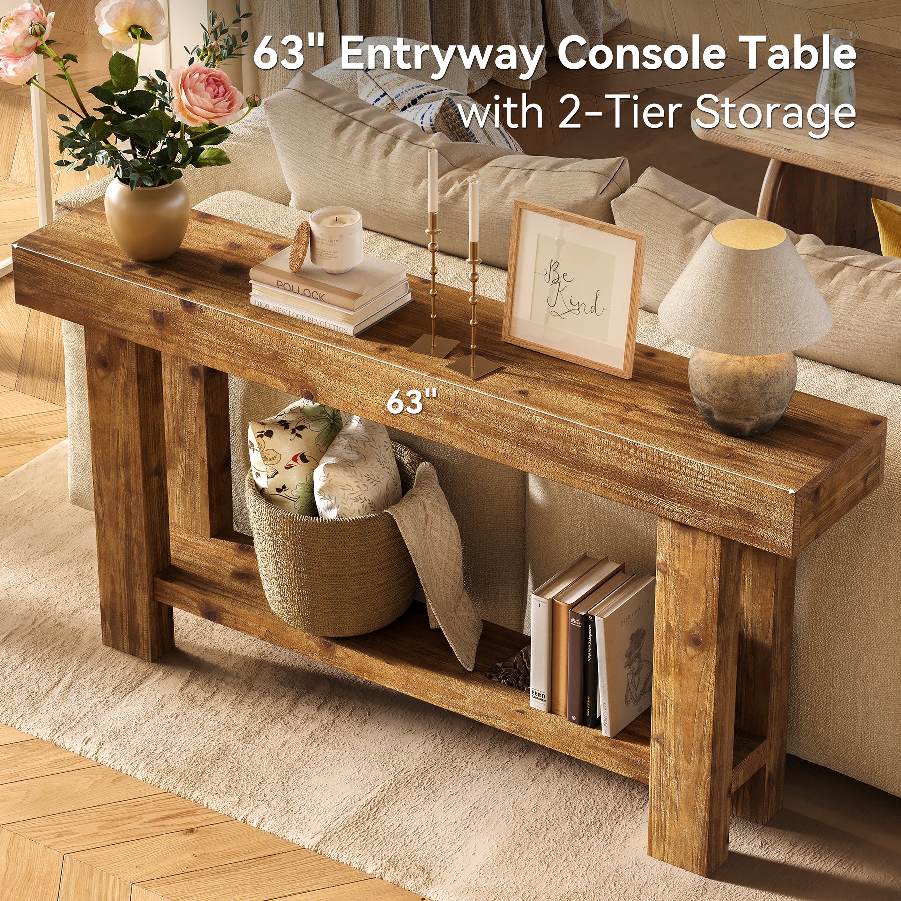Tribesigns Konsolentisch aus Massivholz 160 cm, Schmaler Flurtisch im Landhausstil mit 2 Ablagen