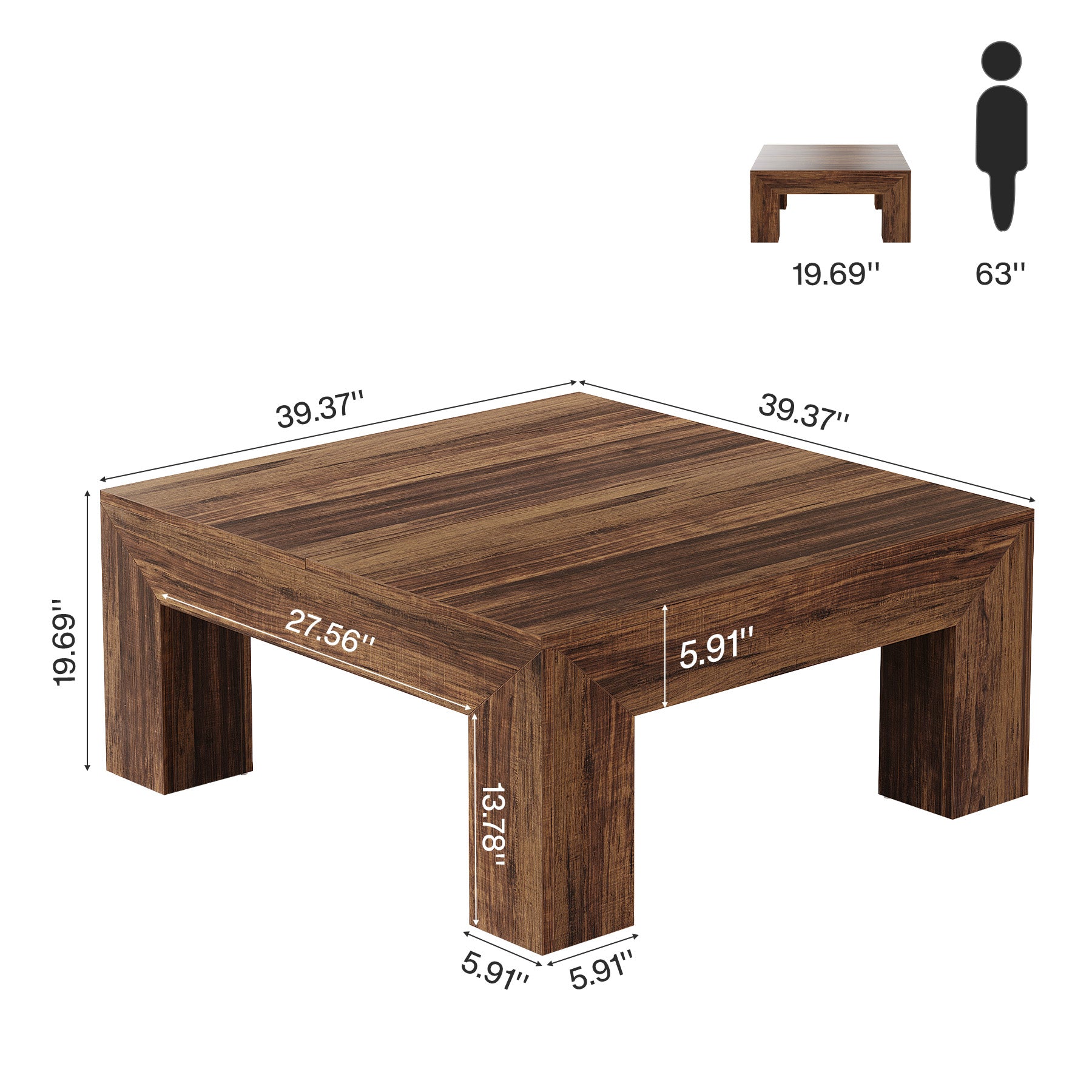 100 cm Quadratischer Couchtisch, Wohnzimmertisch aus Holz mit robusten Beinen für Sofa & Schlafzimmer