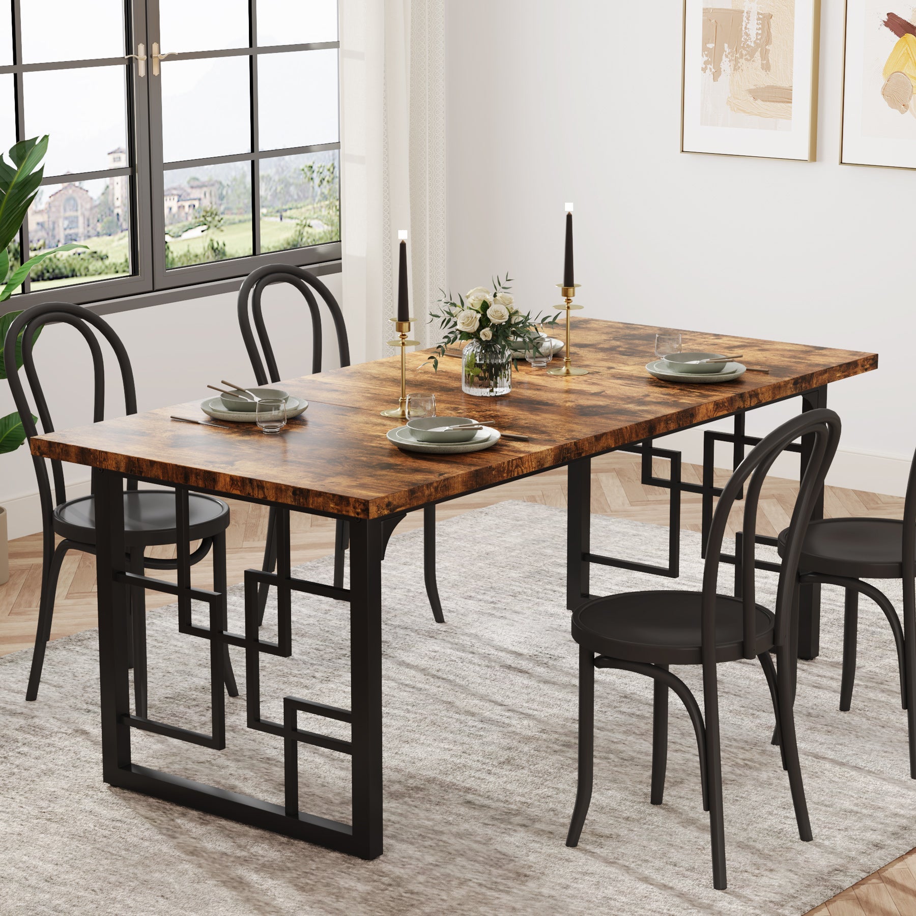 63" Dining Table for 4-6 People, Rectangular Wooden Dinner Kitchen Table Tribesigns