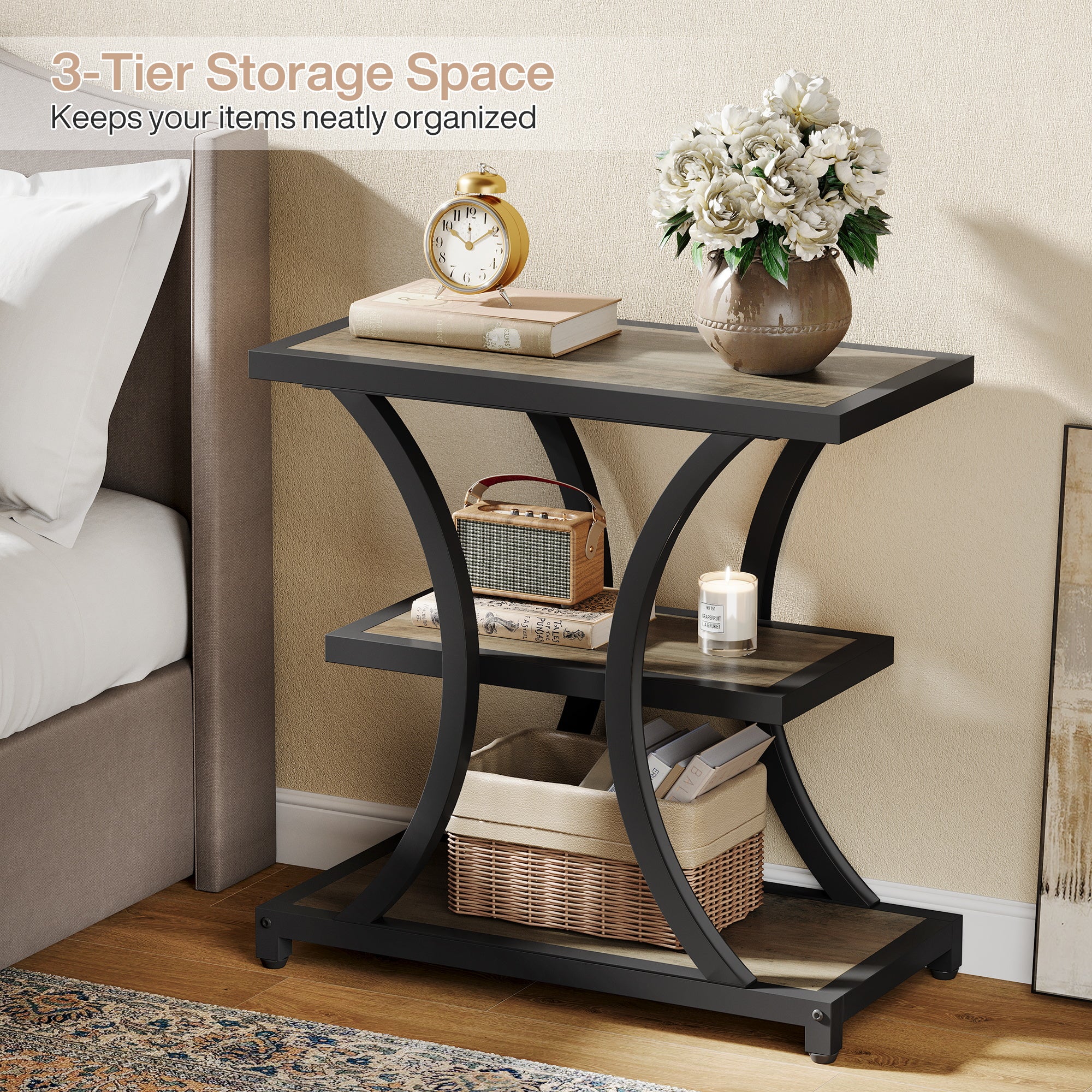 Industrieller Beistelltisch mit 3 Etagen & Metallgestell - Stauraum für kleine Räume