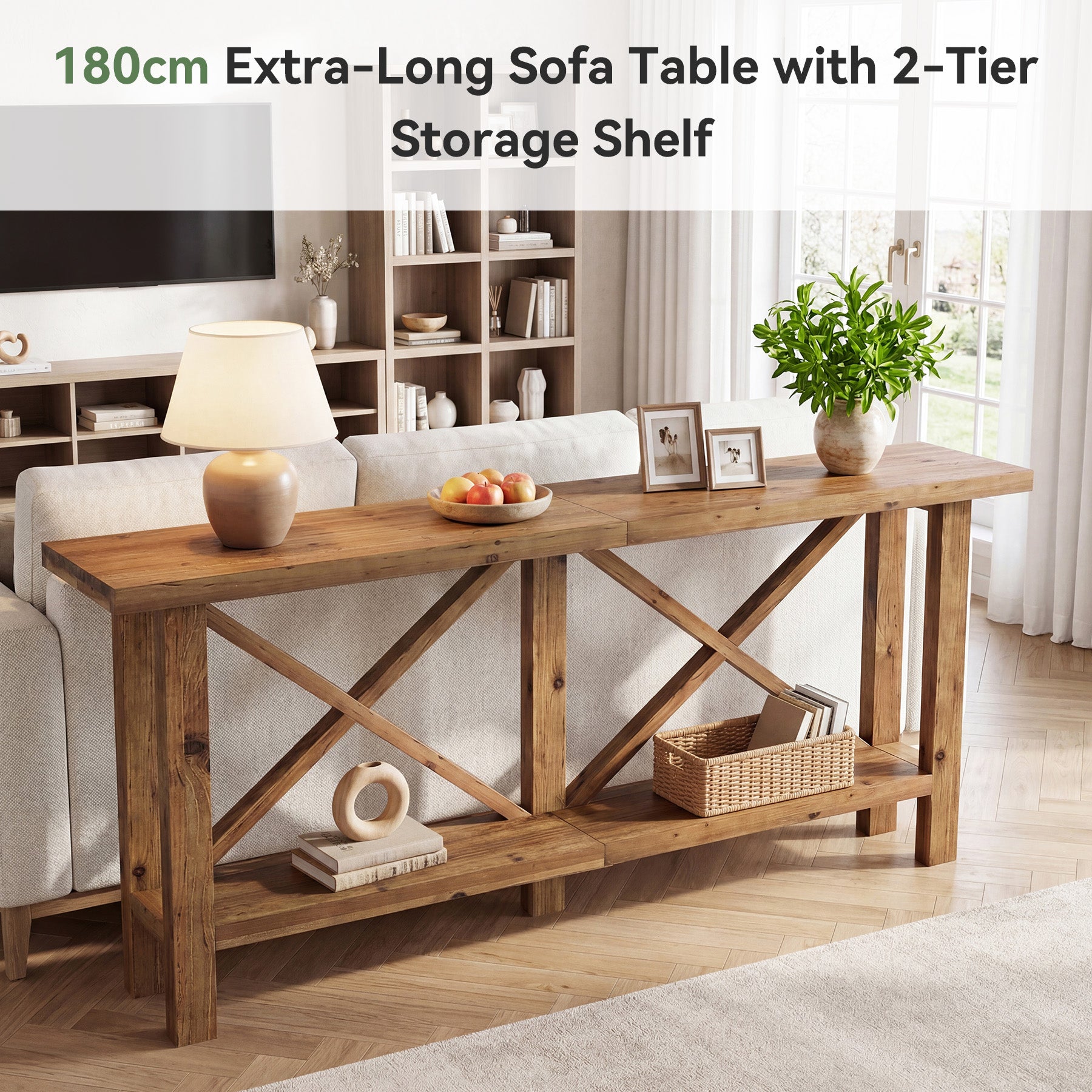 Tribesigns Konsolentisch aus Massivholz 180 cm, Schmaler Flurtisch im Landhausstil mit 2 Ablagen