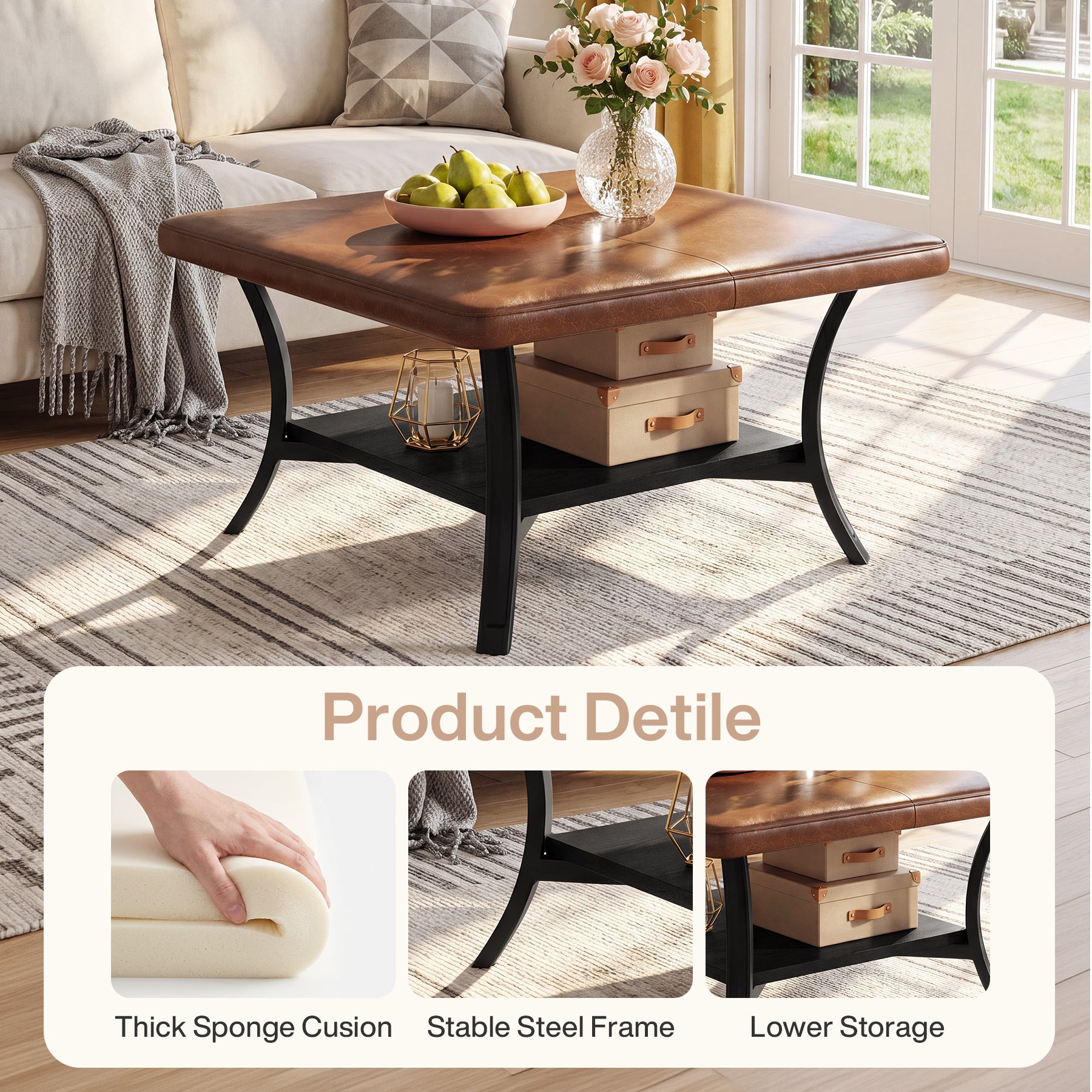 Tribesigns 80 cm Quadratischer Couchtisch mit PU-Leder, Gepolsterte Ottomane mit Ablage
