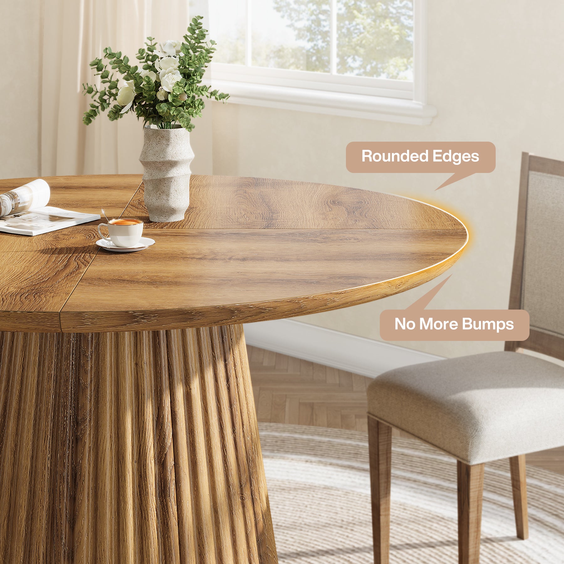 Runder Esstisch 120 cm aus Holz, Landhaus-Küchentisch für 4–6 Personen mit geriffeltem Sockel