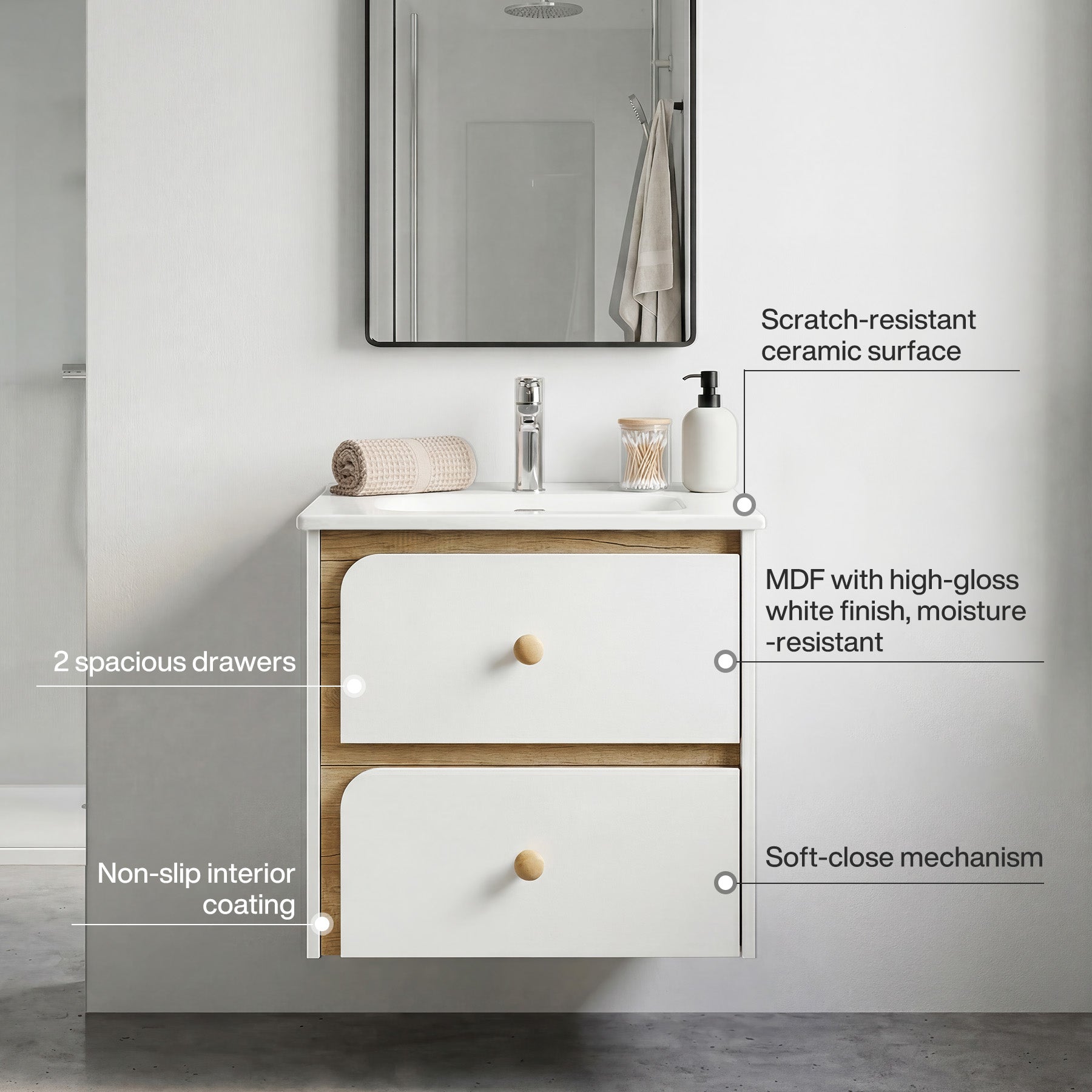Tribesigns Hängender Waschtisch mit Keramikbecken, Moderner Badschrank wandmontiert mit Soft-Close-Tür