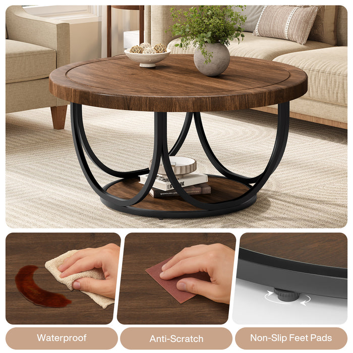 Runder Couchtisch 80 cm mit Ablage, 2-stufiger Wohnzimmertisch Industrial Stil mit Metallgestell