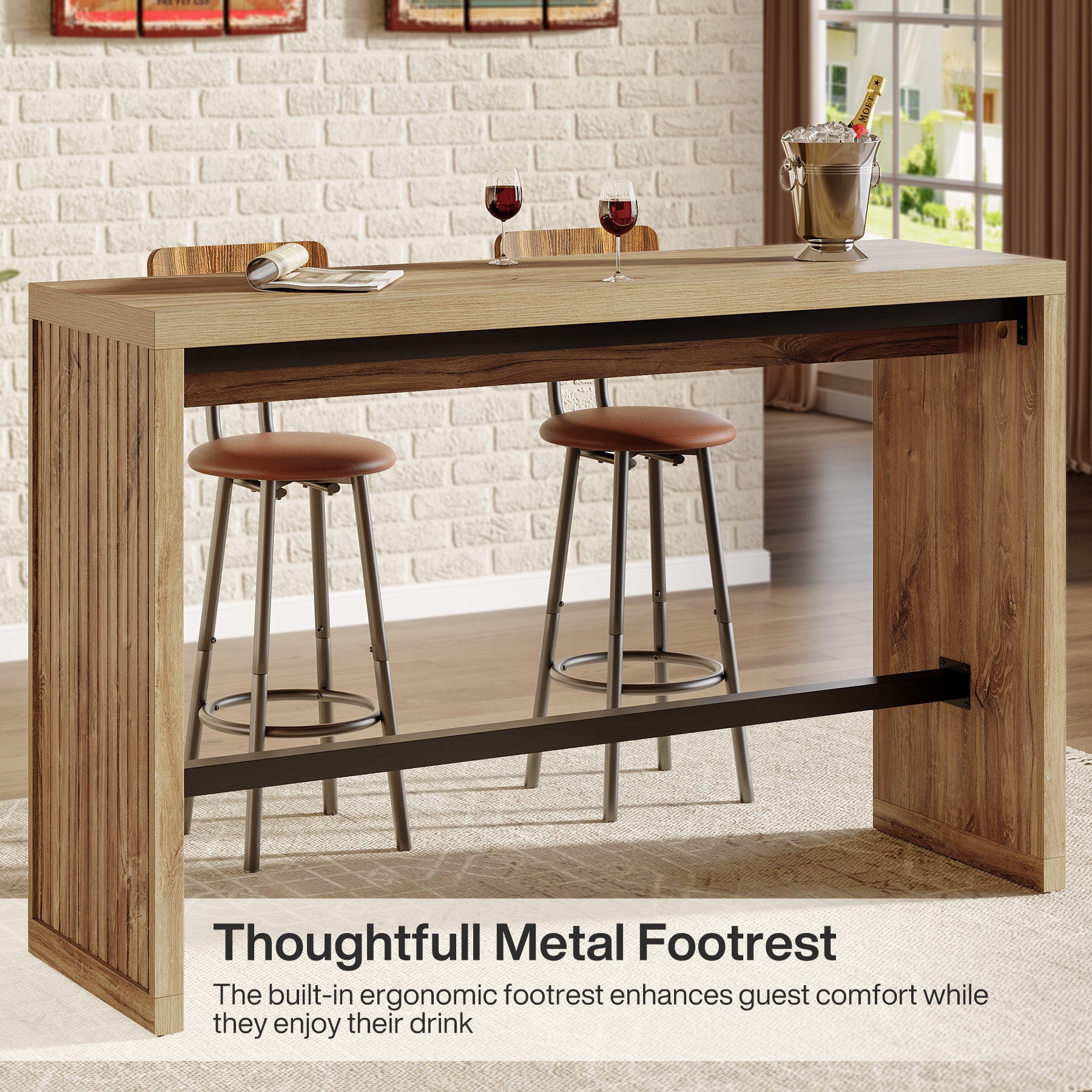 Tribesigns Bartisch 140 cm, Hochtisch mit Metall-Fußstütze, Stehtisch im modernen Landhausstil