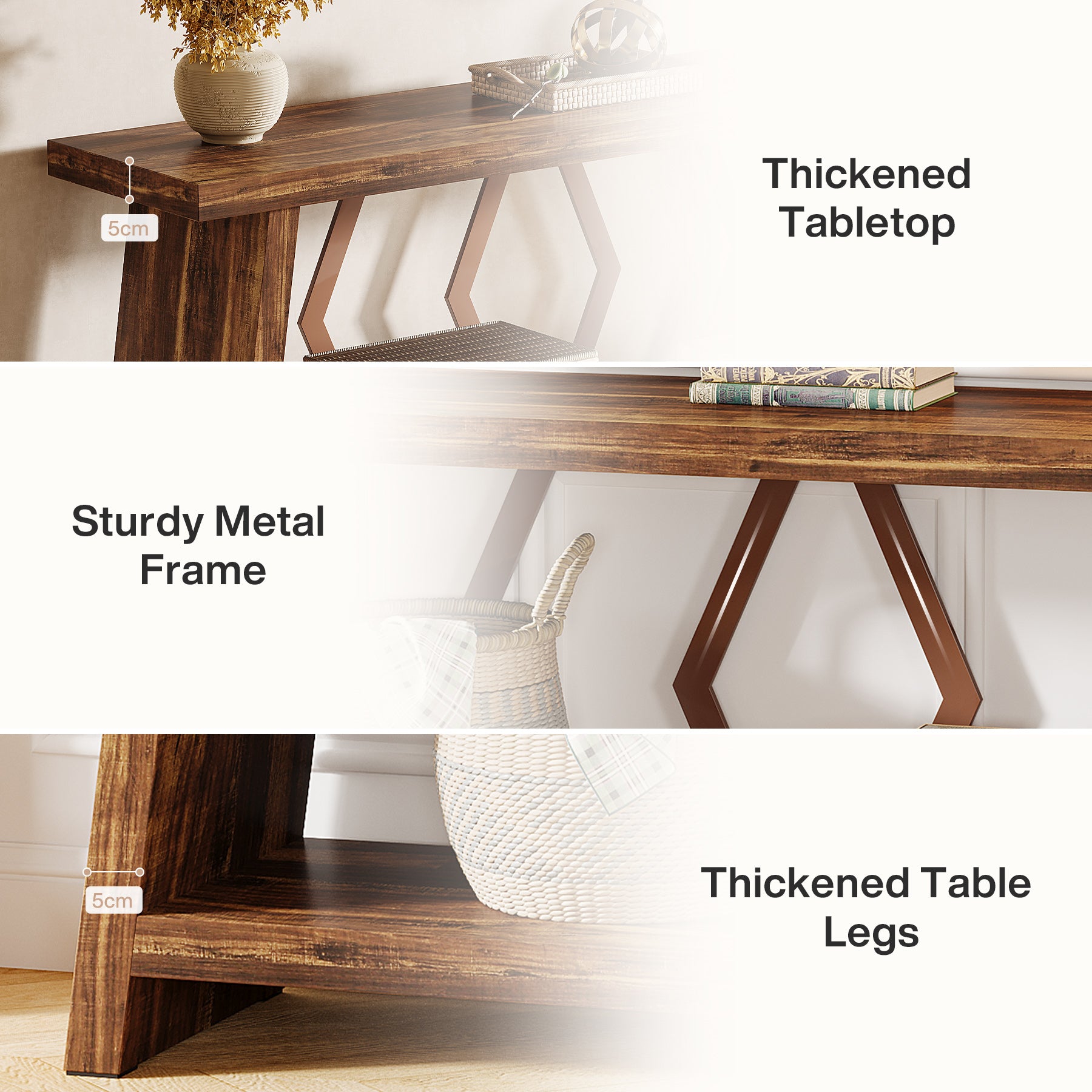 Tribesigns Extra langer Konsolentisch 180 cm mit 2 Ablagen, Schmaler Sofatisch für Wohnzimmer und Flur, Holz-Metall Design