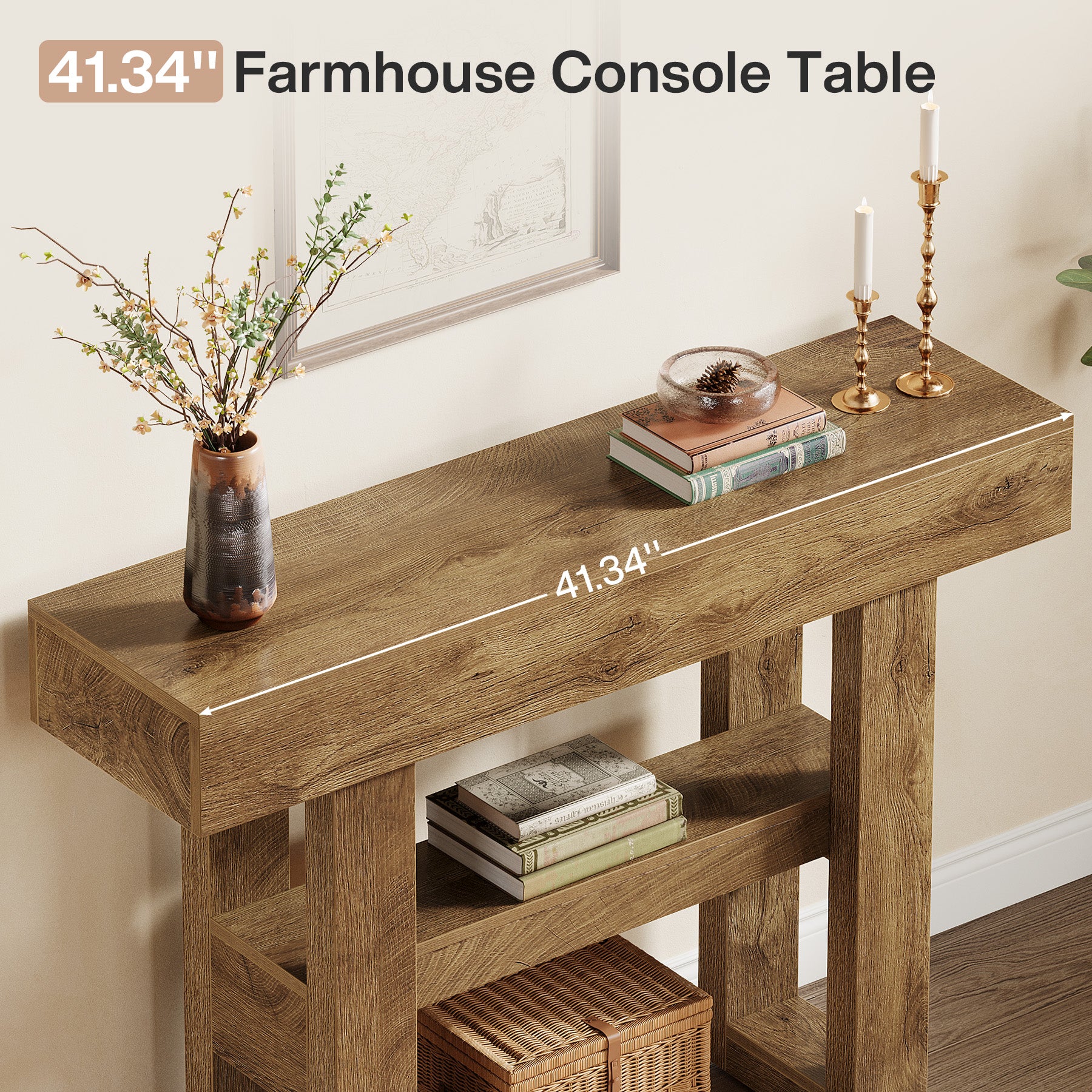 105 cm Farmhouse Konsoletisch mit 2 Ebenen - Schmaler Flurtisch in Rustikalbraun mit Ablagefächern