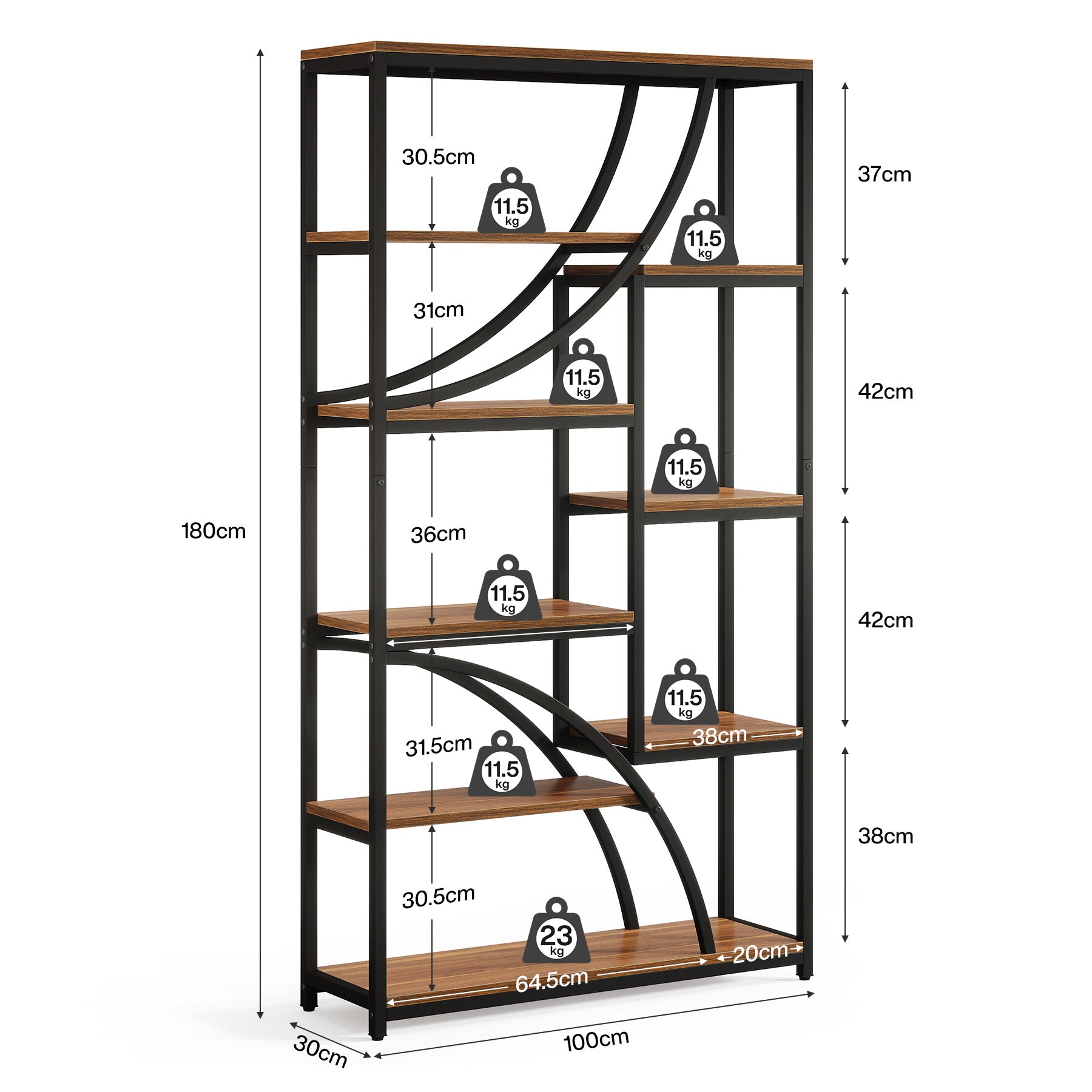180 cm Industriestil Bücherregal, 9-stöckiges Metallregal mit geometrischem Design für Wohnzimmer in Braun-Schwarz
