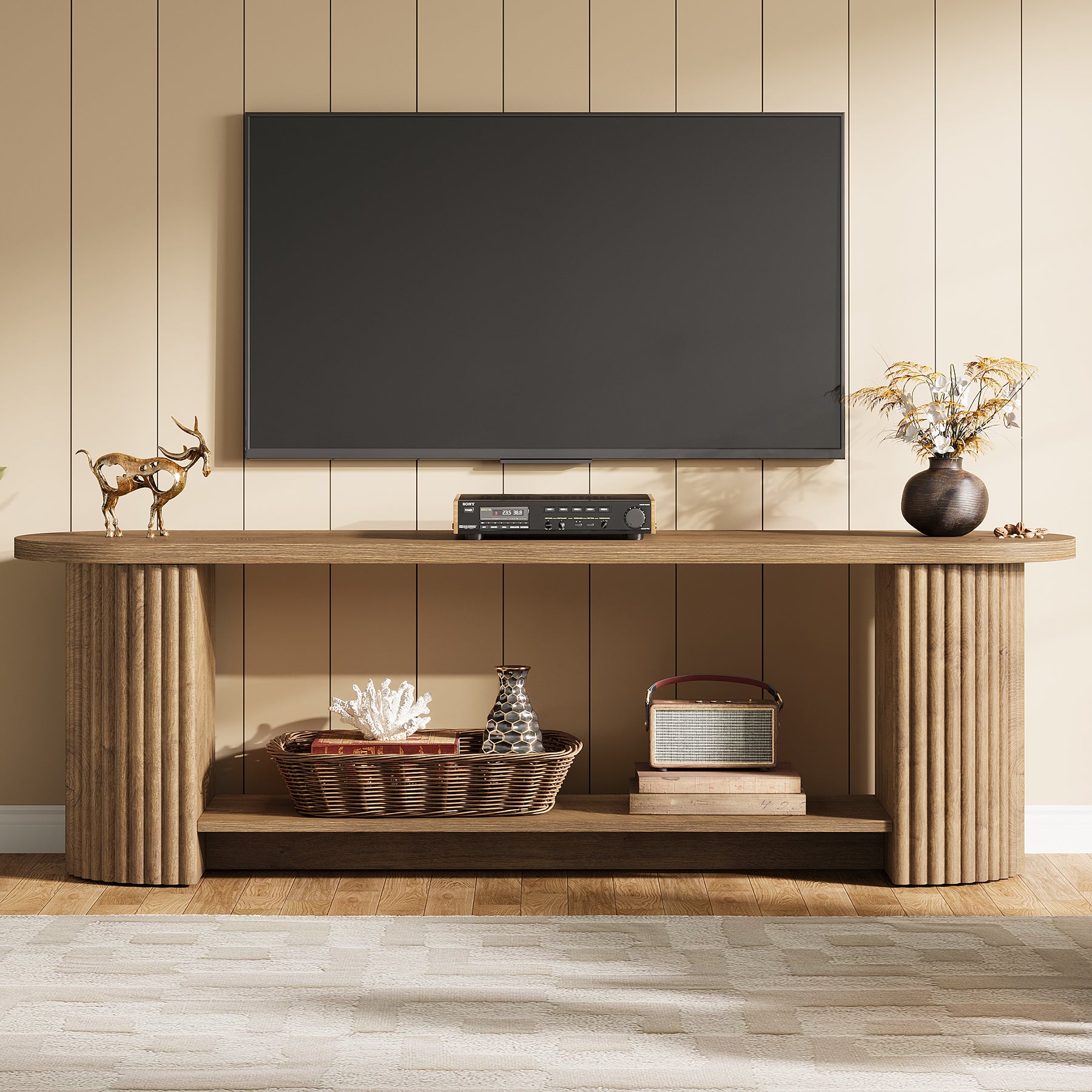 Tribesigns TV Schrank 160 cm mit geriffelter Front, TV Board im Landhausstil für 50–75 Zoll Fernseher