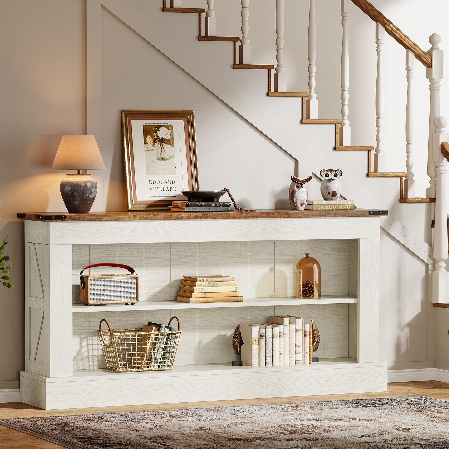 Schmaler Konsolentisch 160 cm mit Ablagen, Landhaus Flurtisch für Eingangsbereich & Sofa