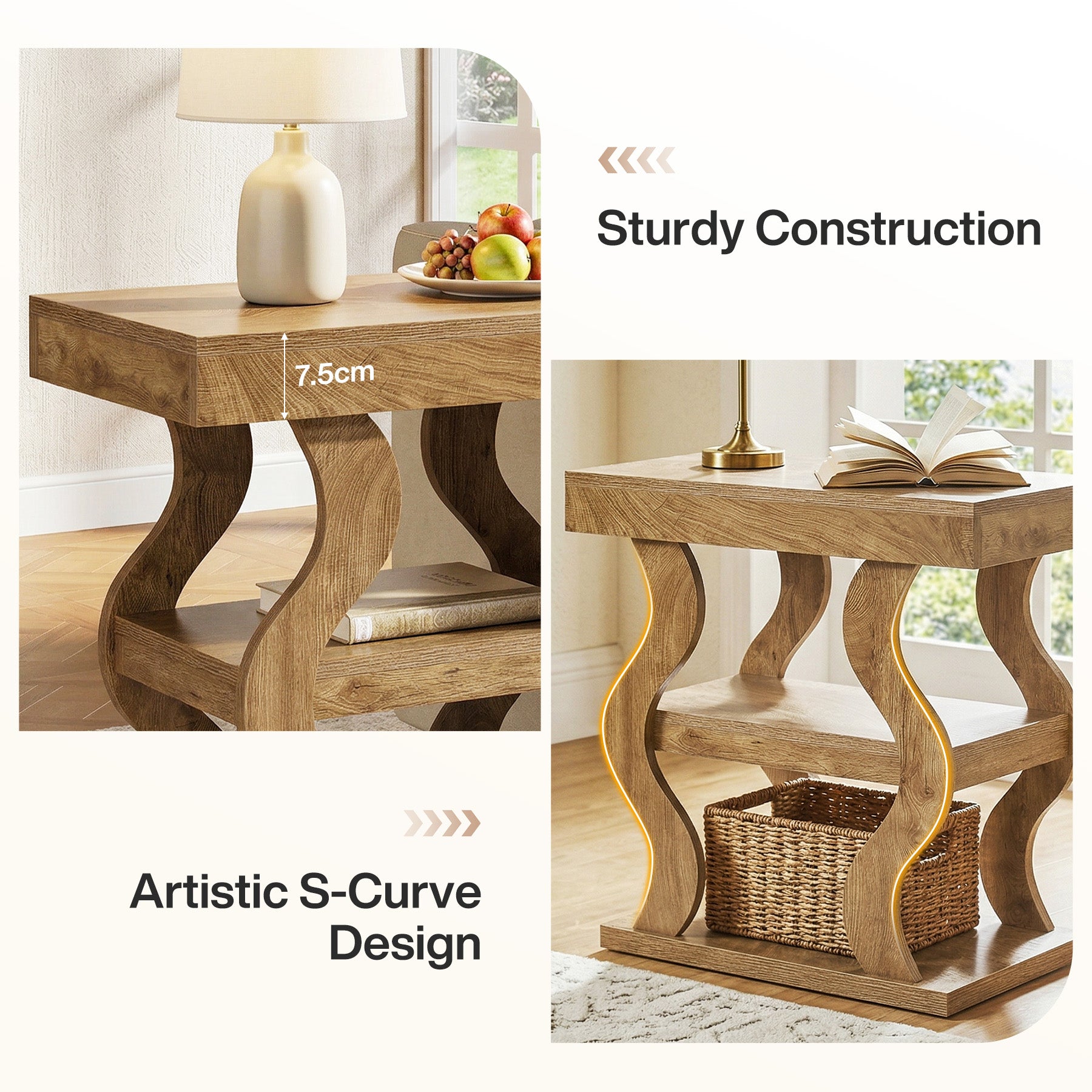 Tribesigns Beistelltisch Landhausstil 61 cm, Schmaler 3-stufiger Nachttisch mit Stauraum