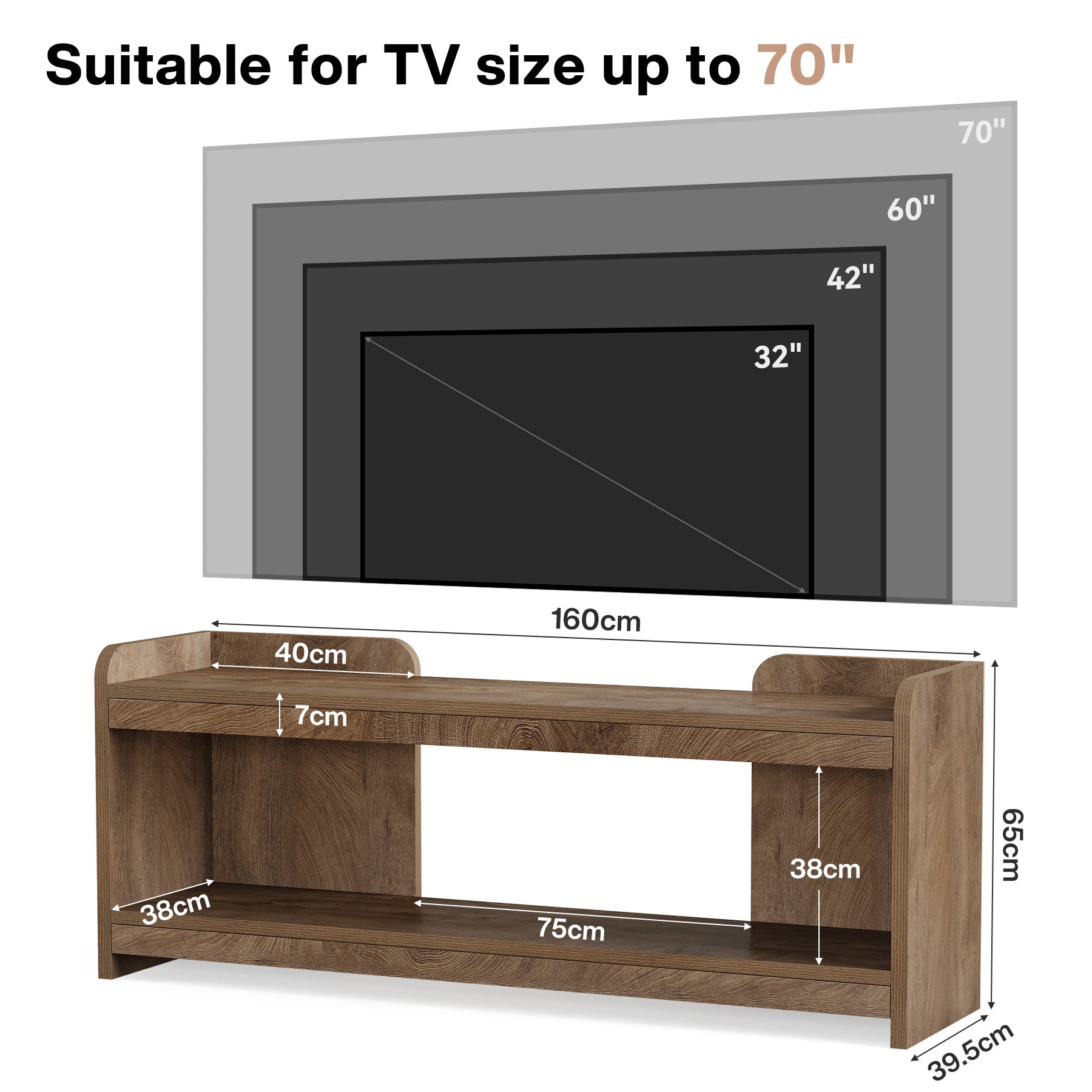 Tribesigns 160 cm TV-Lowboard für Fernseher bis 70 Zoll, 2-stufiges TV-Möbel mit offenem Stauraum