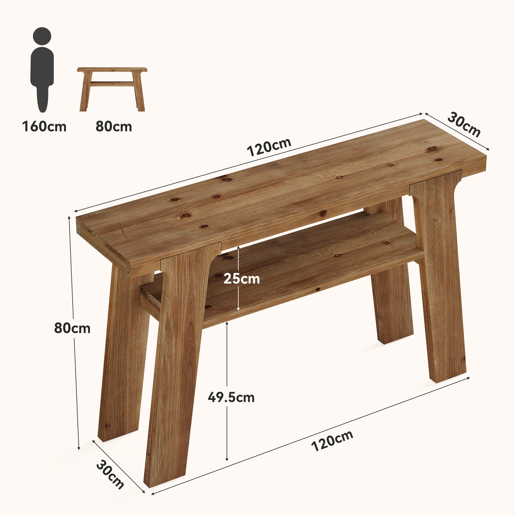 Tribesigns Massivholz-Konsolentisch 120 cm, Rustikaler Flur- und Sofatisch mit 2 Ablagen, Landhausstil