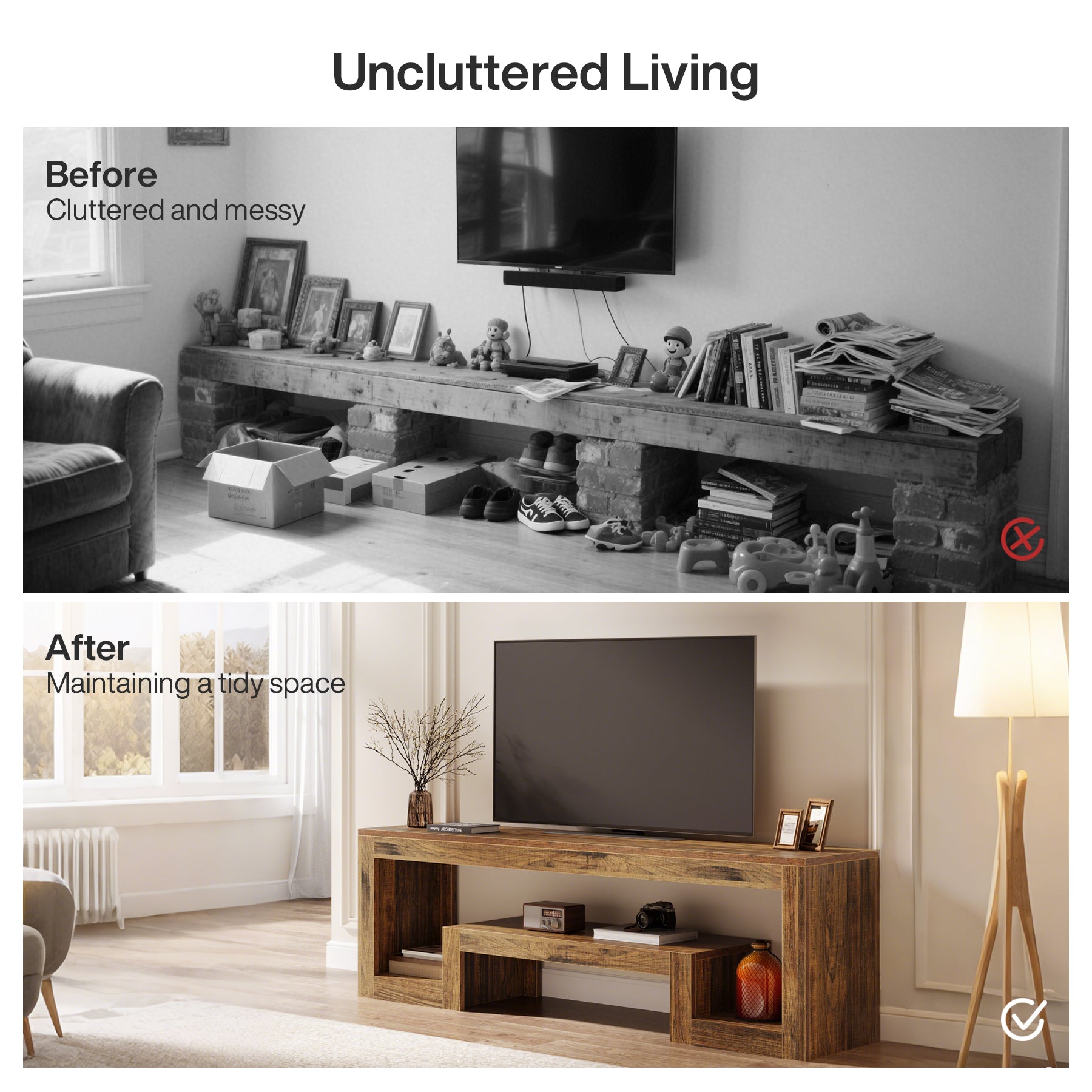 TV-Lowboard 63 Zoll, Bauernhaus Fernsehkonsole mit offenen Ablagen für 55–65 Zoll Fernseher