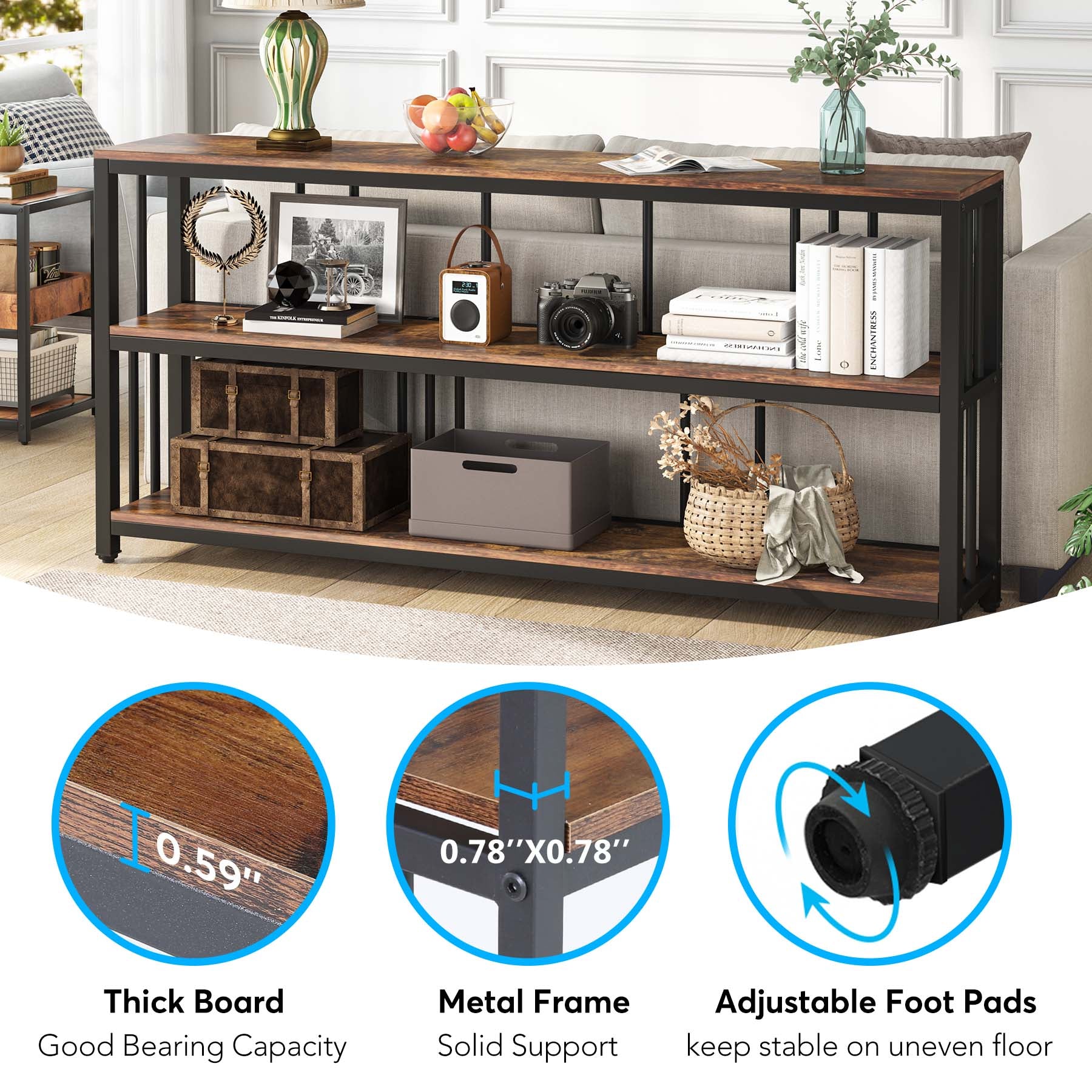 Console Table, 70.9" Sofa Table, 3 Tiers Narrow Long Sofa Table Tribesigns