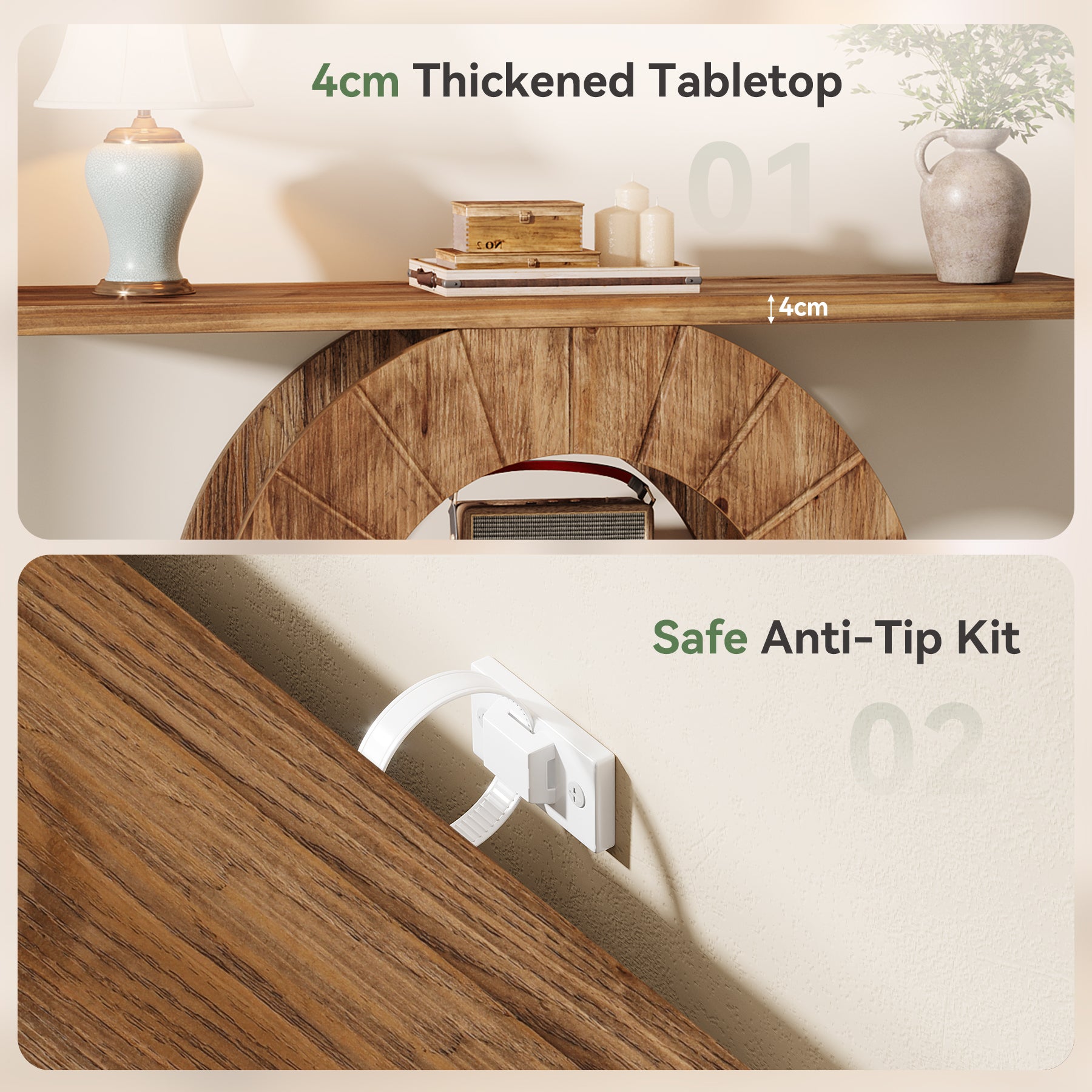 Tribesigns Massivholz Konsolentisch 105 cm mit 3 Ablagen, Schmale Flurkonsole im Landhausstil mit Rundem Design