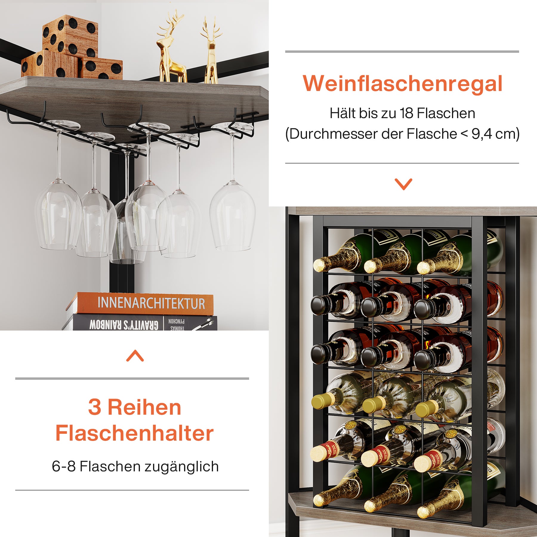 4-stöckiges freistehendes Eckweinregal mit Glashalter & Wein-Lagerung