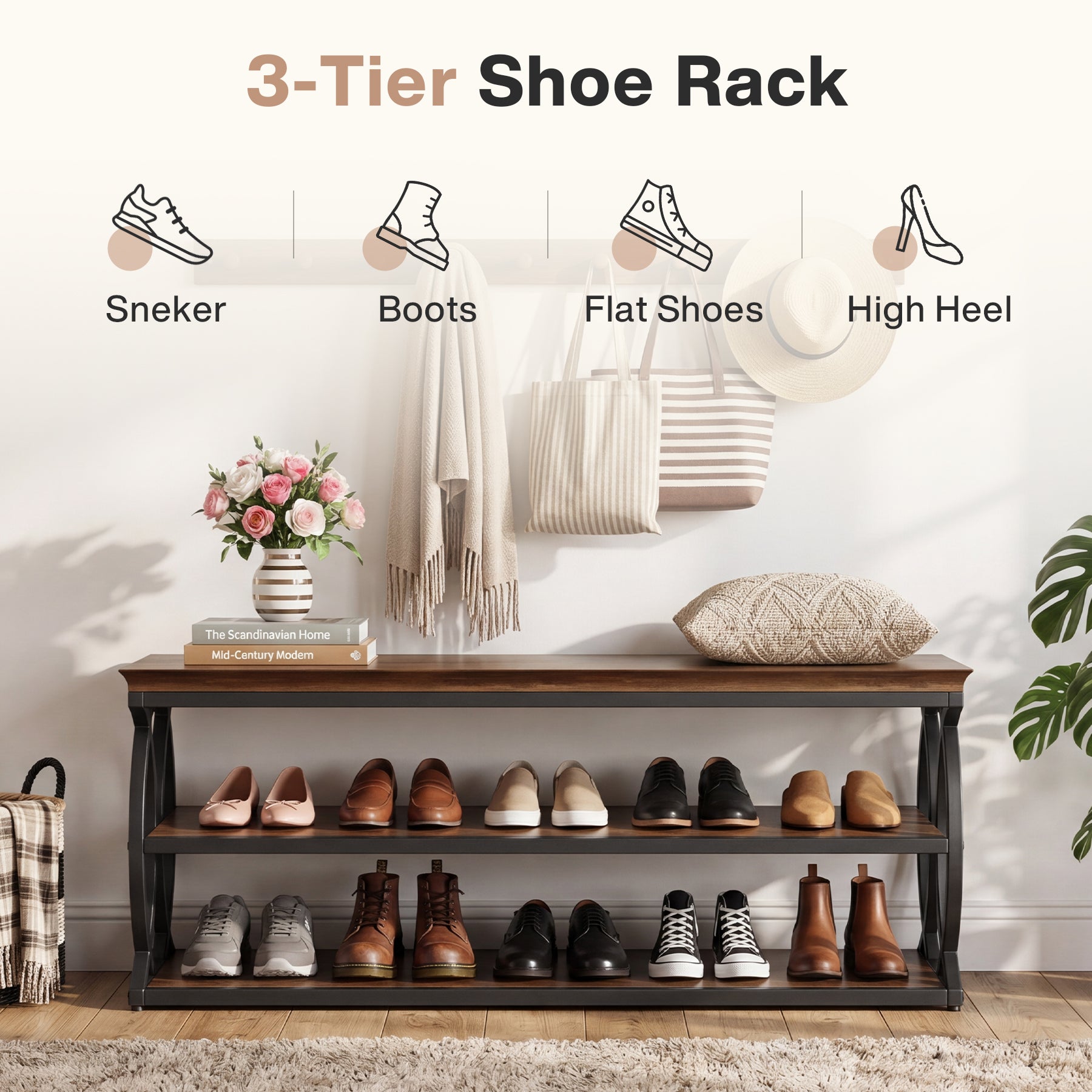 Tribesigns Schuhbank mit Stauraum 120 cm, 3-stufiges Schuhregal im Industrial-Landhausstil mit Sitzfläche