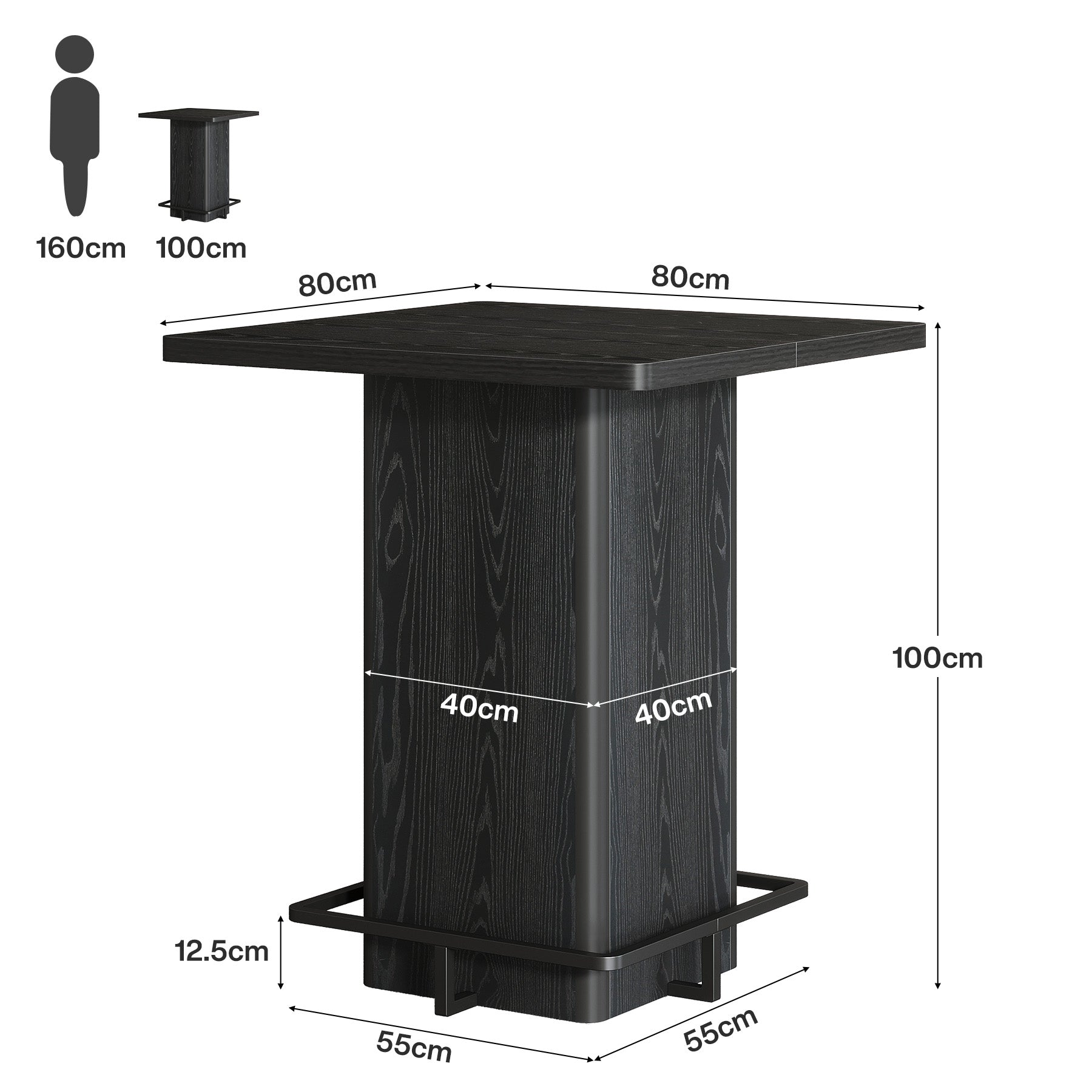 Tribesigns Quadratischer Bartisch 100 cm hoch, Stehtisch 80×80 cm mit Fußablage, moderner Bistrotisch in Holzoptik