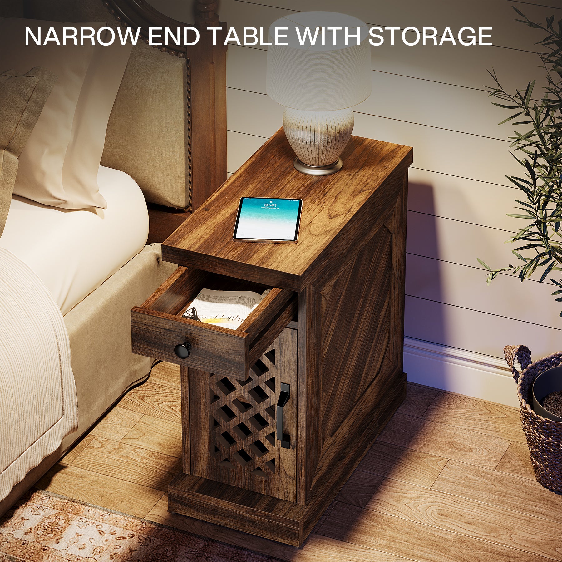 Schmaler Beistelltisch mit Schublade und Schrank, Landhaus-Nachttisch für Wohnzimmer & Schlafzimmer
