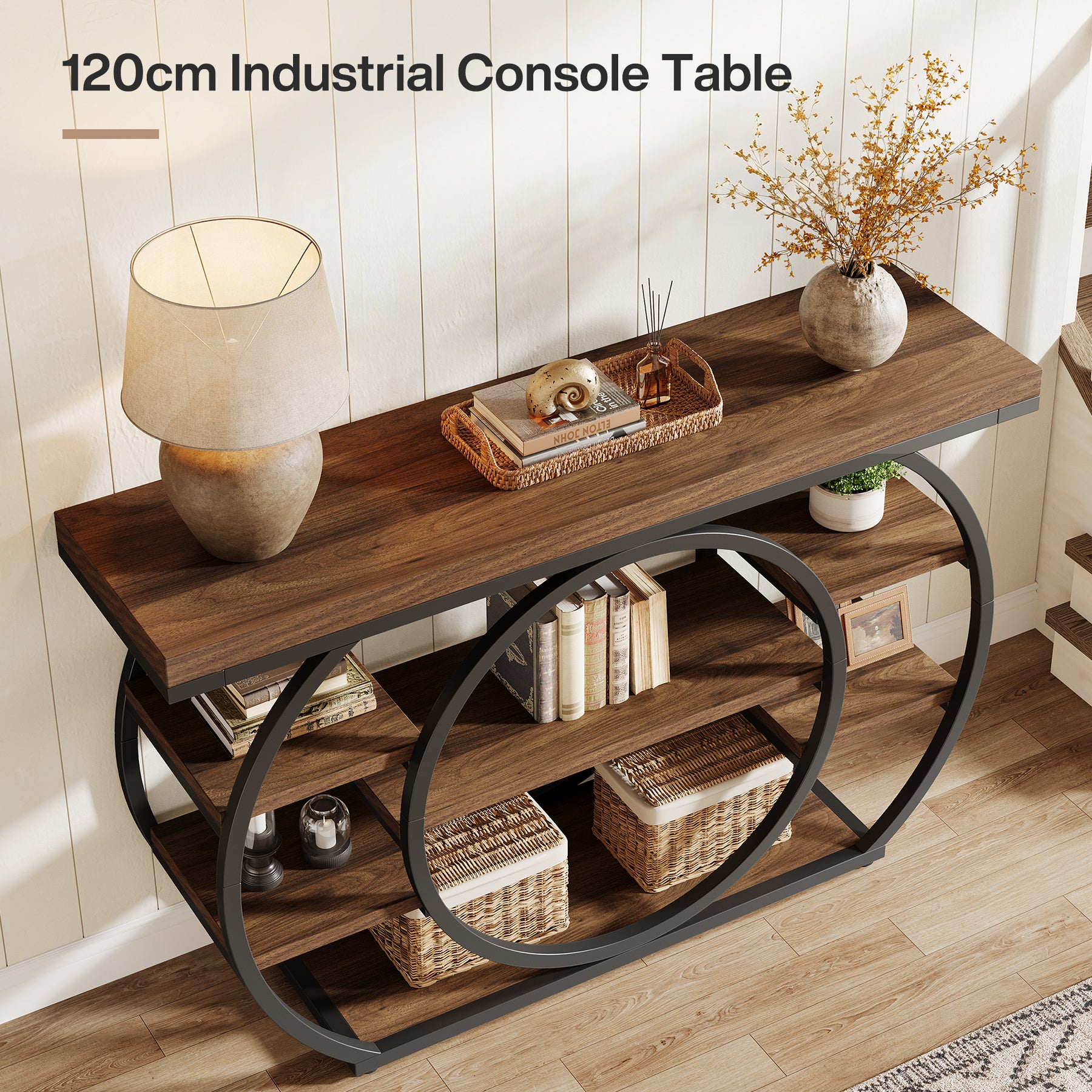 120 cm Konsolentisch, 5-stufiger Industrieller Schmaler Sofatisch mit Metallrahmen