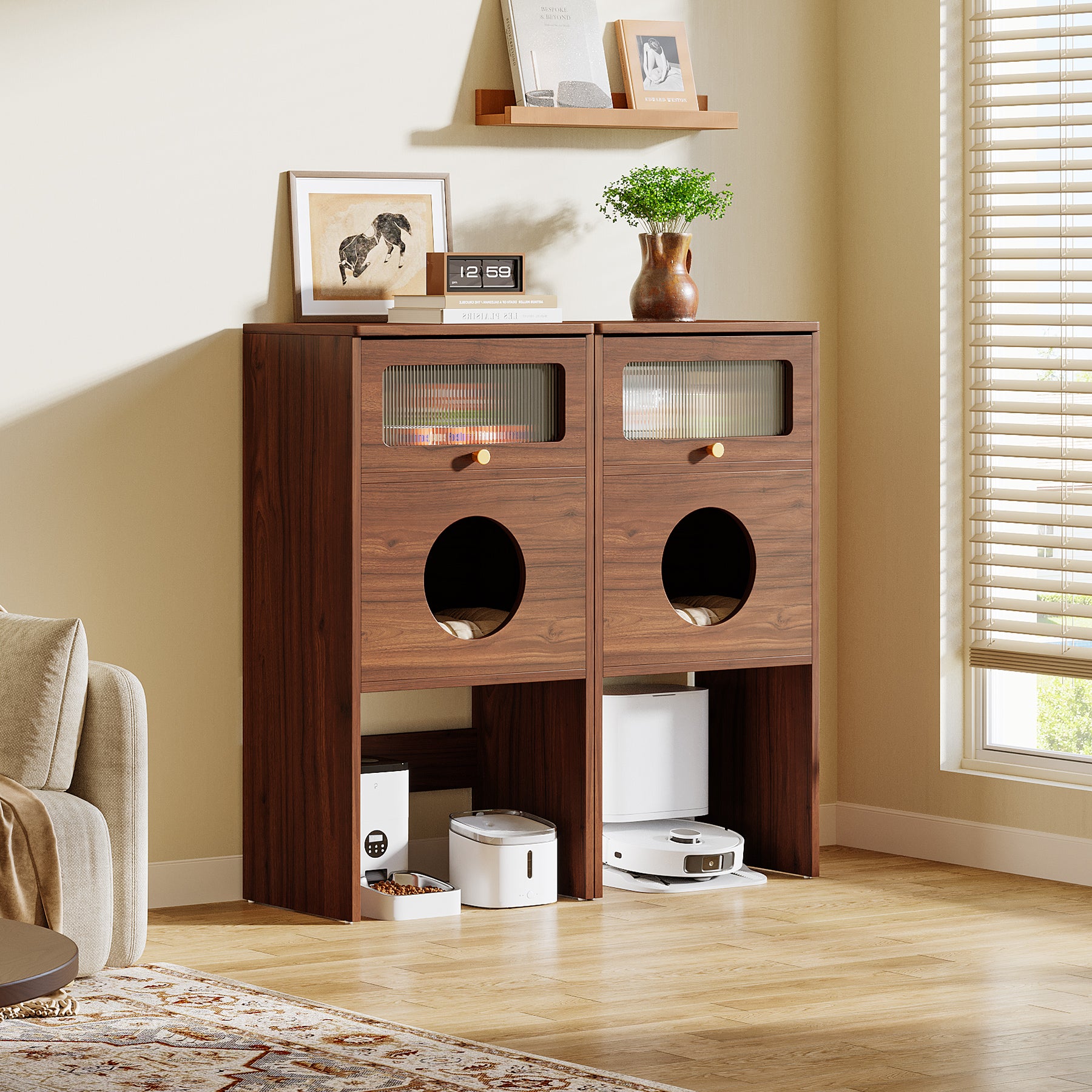 Katzenhaus Möbel mit Stauraum – Katzenklo Schrank & Beistelltisch 2-in-1, Indoor Katzenmöbel für kleine Wohnungen