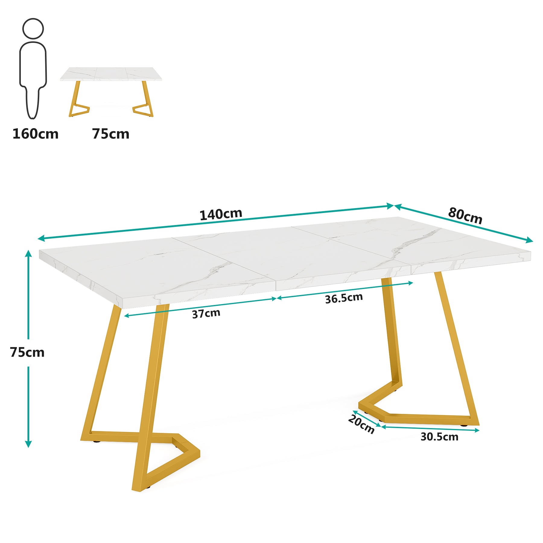Rechteckiger Esstisch, 140cm Esstisch mit Kunstmarmorplatte