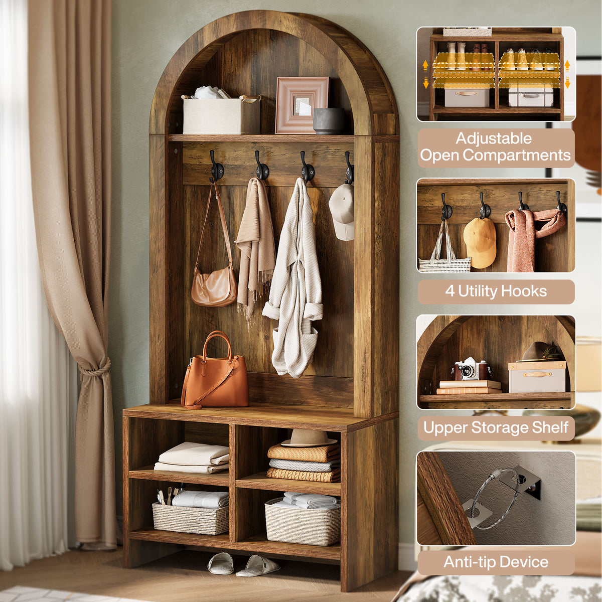 Tribesigns 4-in-1 Flurgarderobe mit Sitzbank, Schuhablage, 4 Haken und Fächern