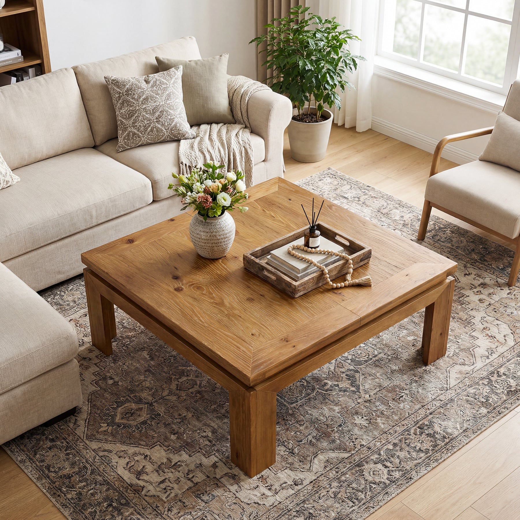 Tribesigns 100 cm quadratischer Couchtisch aus Massivholz, großer Wohnzimmertisch mit eingelassenem Randdesign