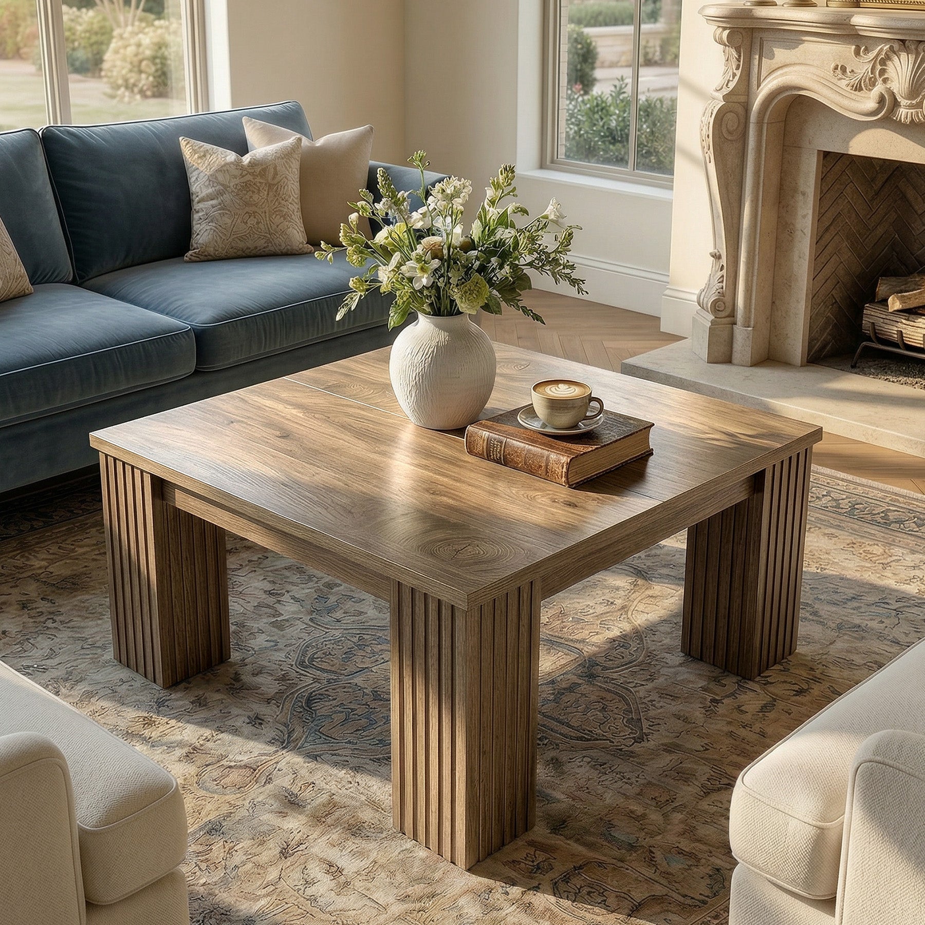 Tribesigns Quadratischer Couchtisch 100 cm, Wohnzimmertisch im Landhausstil mit geriffelten Beinen