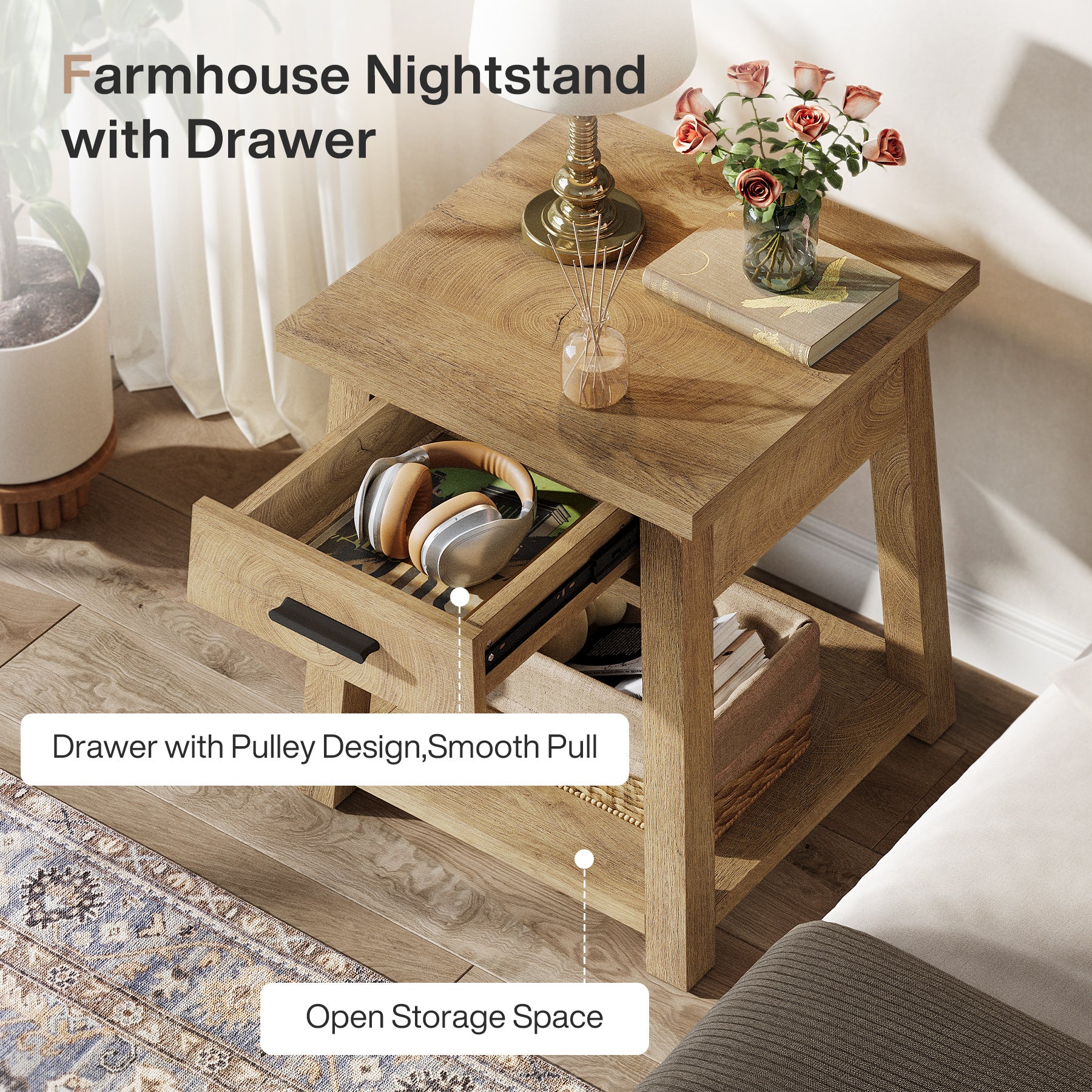 Tribesigns Nachttisch mit Schublade und Ablage, Beistelltisch im Landhausstil für Schlafzimmer und Wohnzimmer