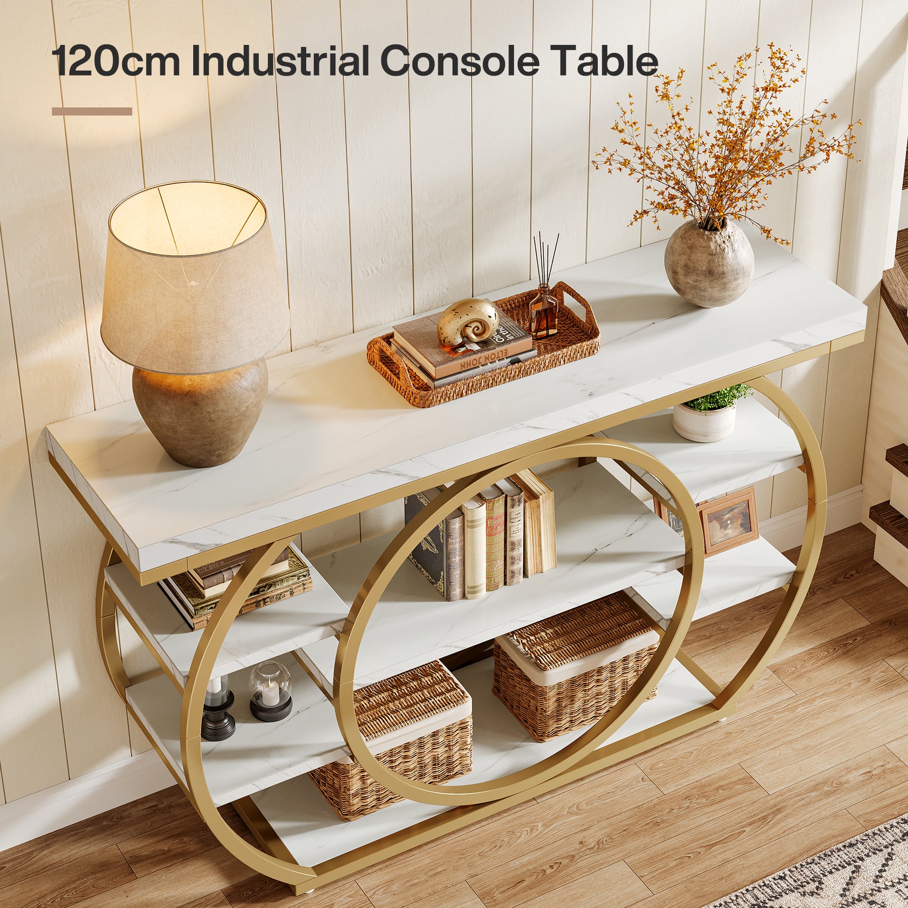 120 cm Konsolentisch, 5-stufiger Industrieller Schmaler Sofatisch mit Metallrahmen